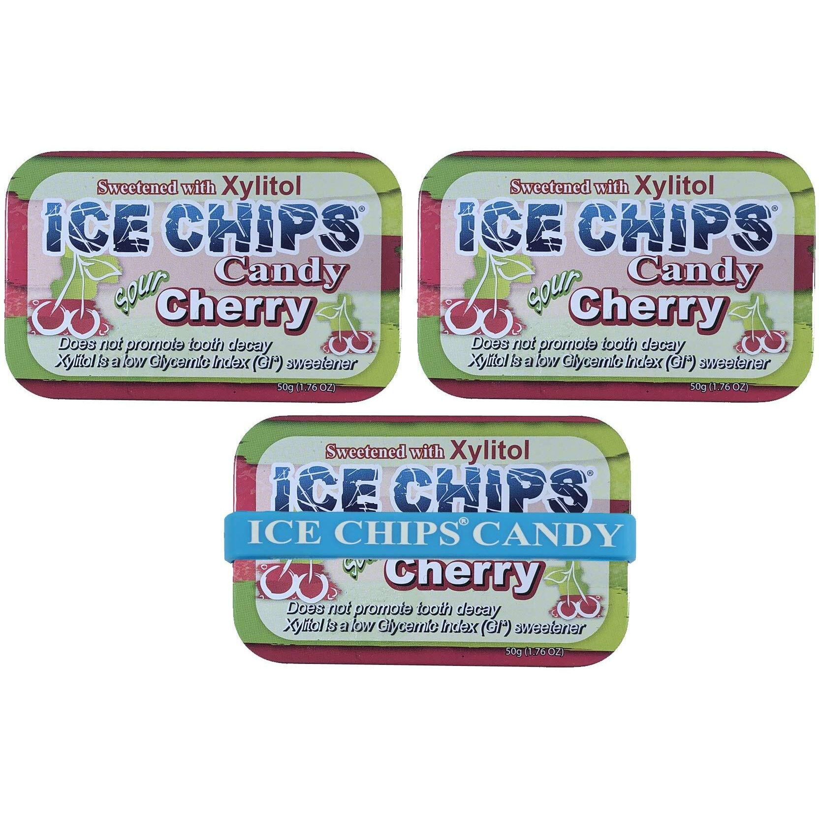 Ice Chips Xylitol Candy Tins (Sour Cherry, 3 Pack) 5.28 Oz Total - Includes Band As Shown