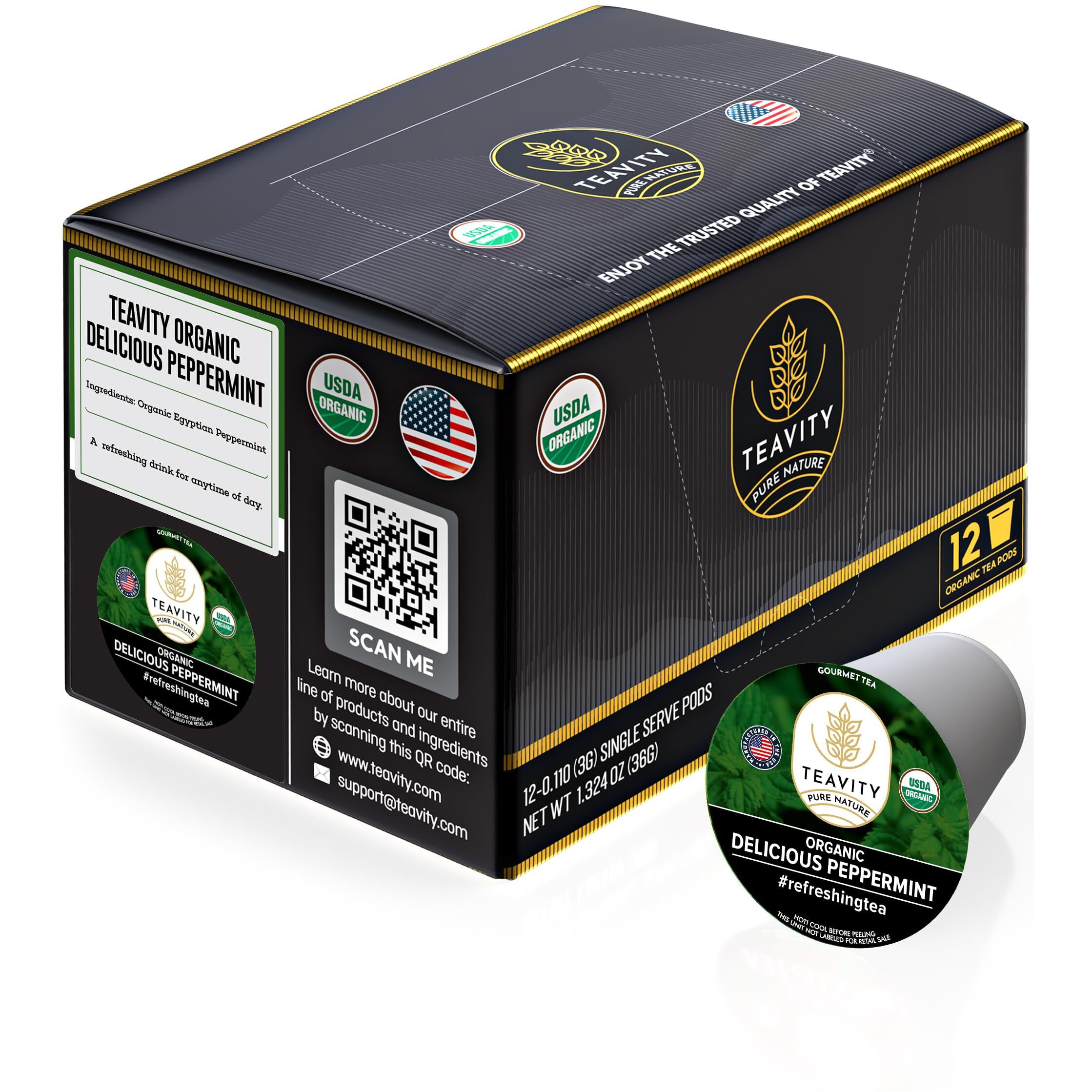 Organic Peppermint Tea Pods For Keurig - Decaf Tea By Teavity (12 Tea Pods)