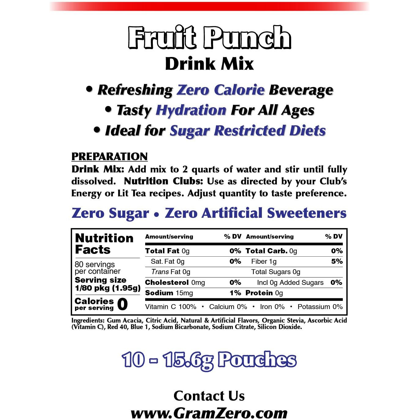 Gramzero Fruit Punch, Sugar Free Drink Mix, Pitcher Pack, Great For Nutrition Club Loaded Tea, Zero Calorie, Stevia Sweetened