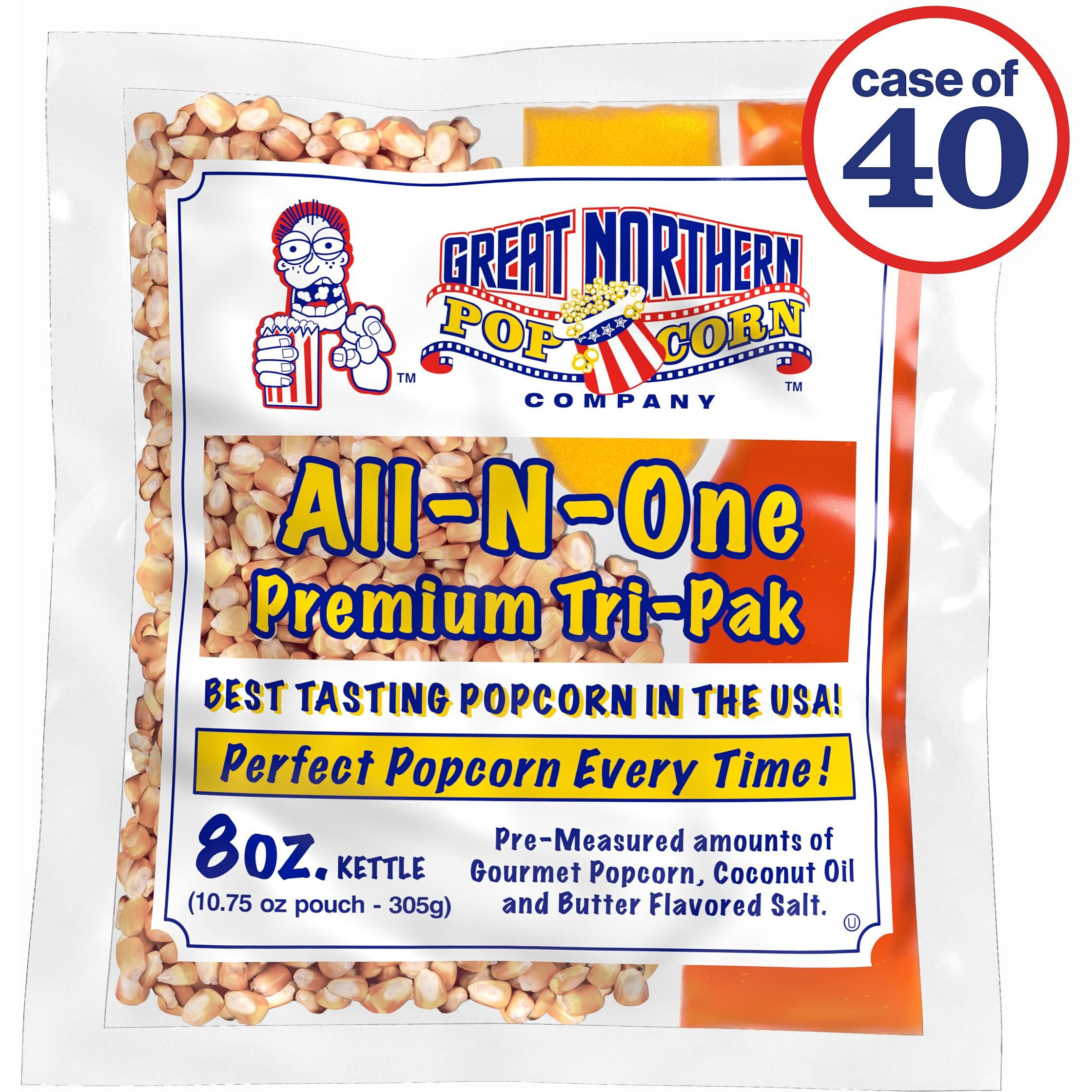 Great Northern Popcorn Company Movie Theater Style 40-Count Popcorn Packs Pre-Measured 8-Ounce All-In-One Kernel, Salt, Oil Packets For Popping Machines, 8 Ounce (Pack Of 40)
