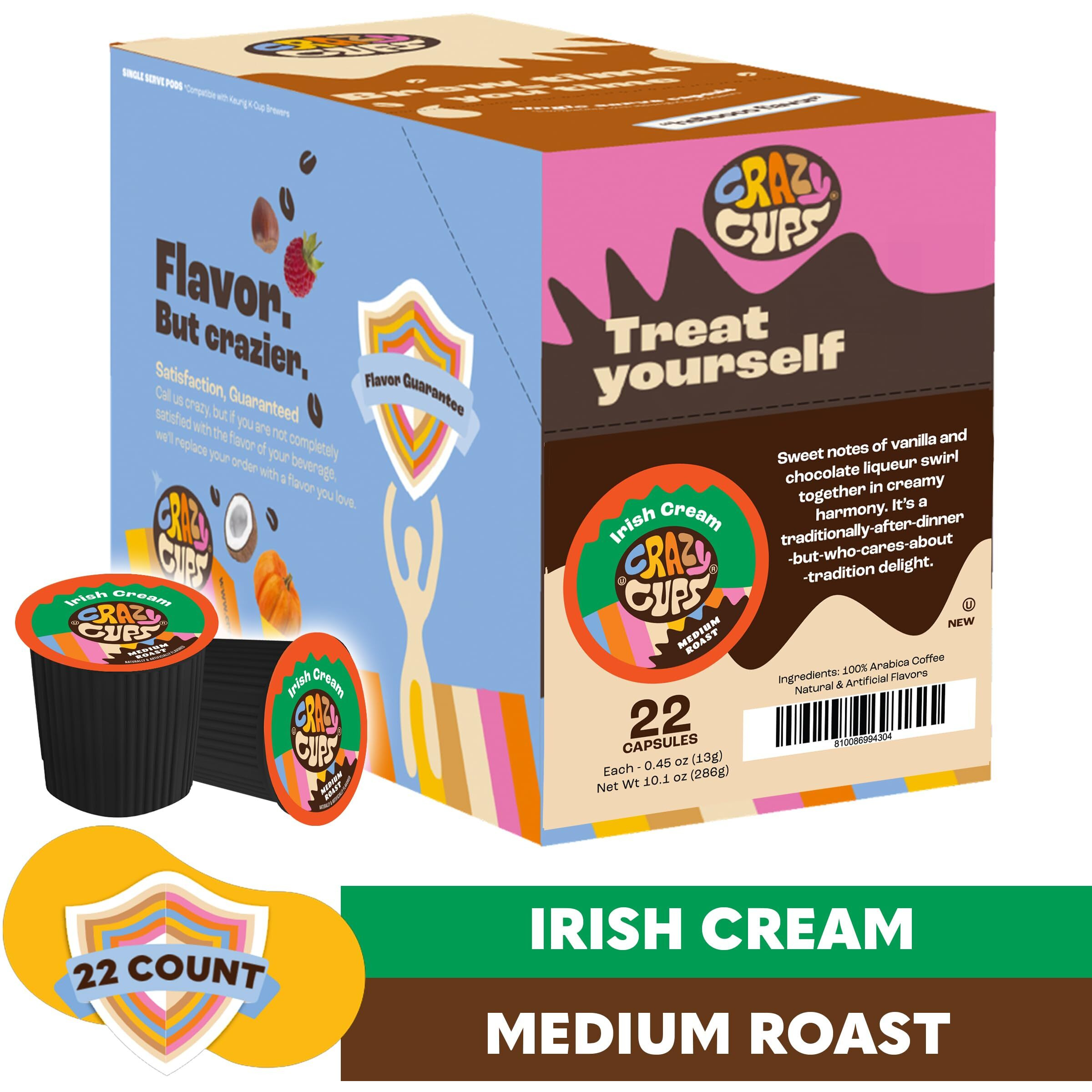 Crazy Cups Irish Cream Coffee Pods, Flavored Coffee Pods In Single Serve Cups Compatible With Keurig K Cups Machine, 22 Count