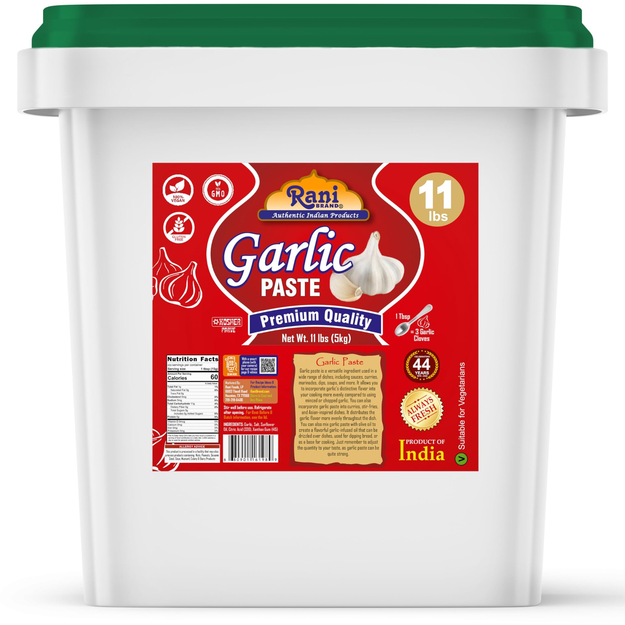 Rani Garlic Cooking Paste 176Oz (11Lbs) 5Kg Bulk ~ Vegan | Gluten Free | Non-Gmo | Kosher | No Colors | Indian Origin