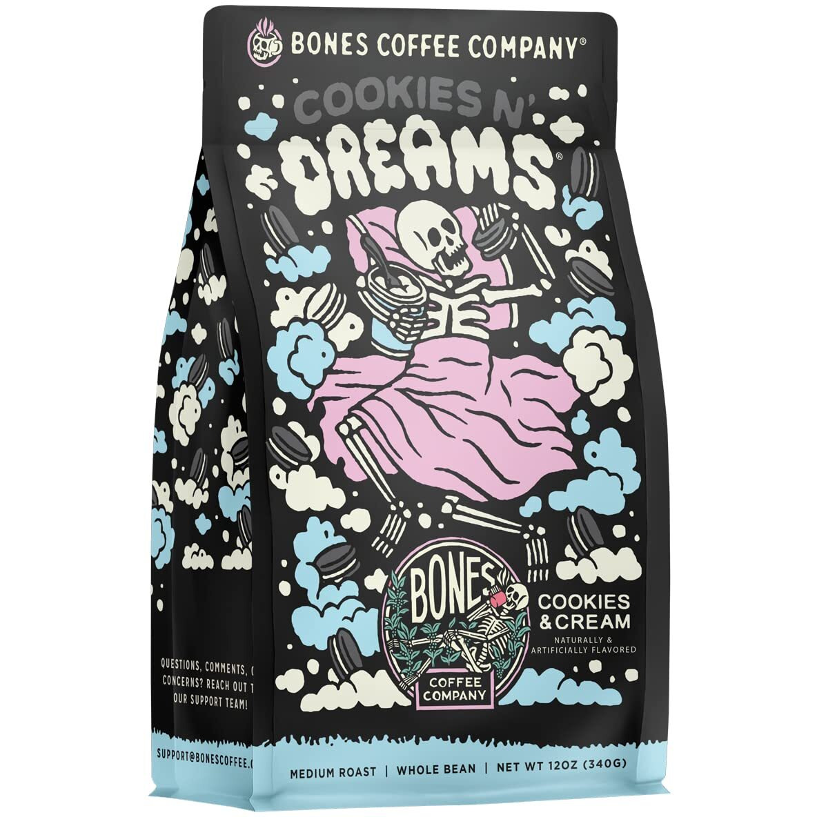 Bones Coffee Company Cookies 'N Dreams Whole Coffee Beans Cookies & Cream Flavor, Low Acid Flavored Coffee, Made With Arabica Coffee Beans, Medium Roast Coffee, Coffee Lover Gift Ideas (12 Oz)