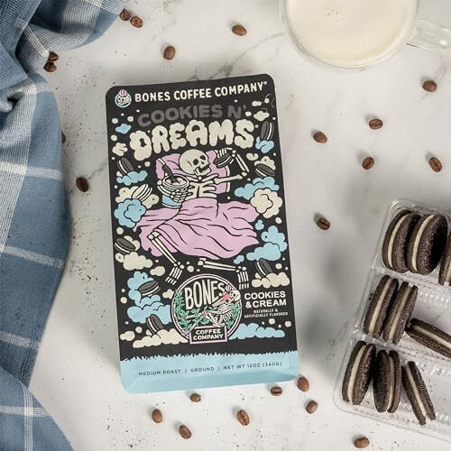 Bones Coffee Company Cookies 'N Dreams Whole Coffee Beans Cookies & Cream Flavor, Low Acid Flavored Coffee, Made With Arabica Coffee Beans, Medium Roast Coffee, Coffee Lover Gift Ideas (12 Oz)