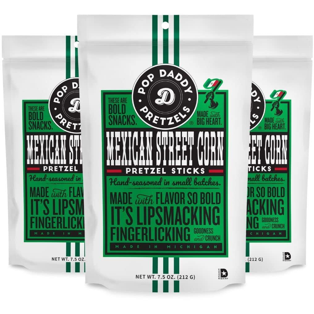 Pop Daddy Flavored Pretzels Sticks | Healthy Gourmet Pretzels Snacks | 7.5Oz Individual Bags | 3 Pack | Mexican Street Corn