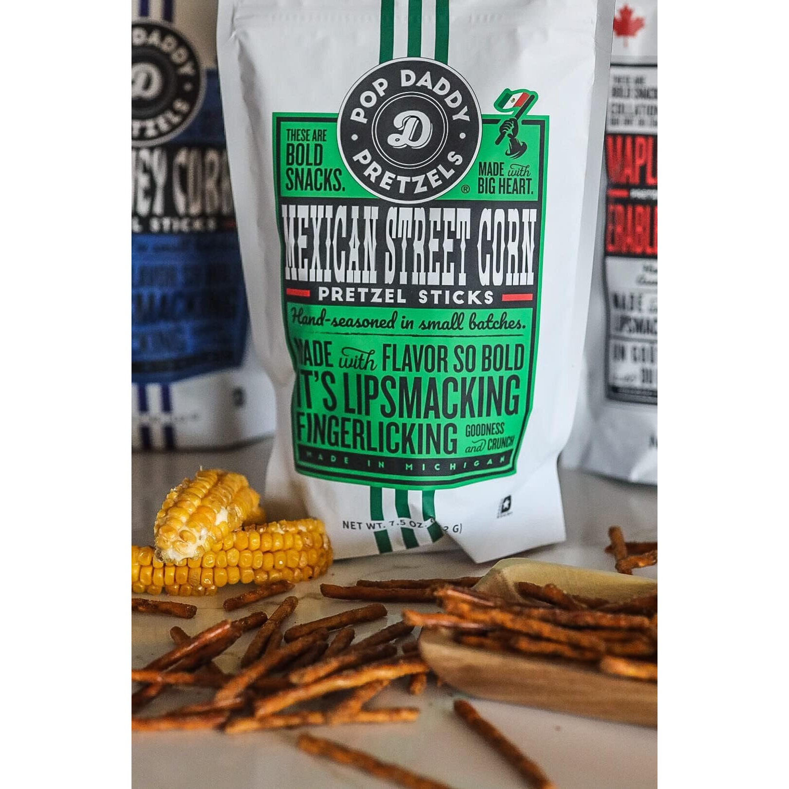 Pop Daddy Flavored Pretzels Sticks | Healthy Gourmet Pretzels Snacks | 7.5Oz Individual Bags | 3 Pack | Mexican Street Corn