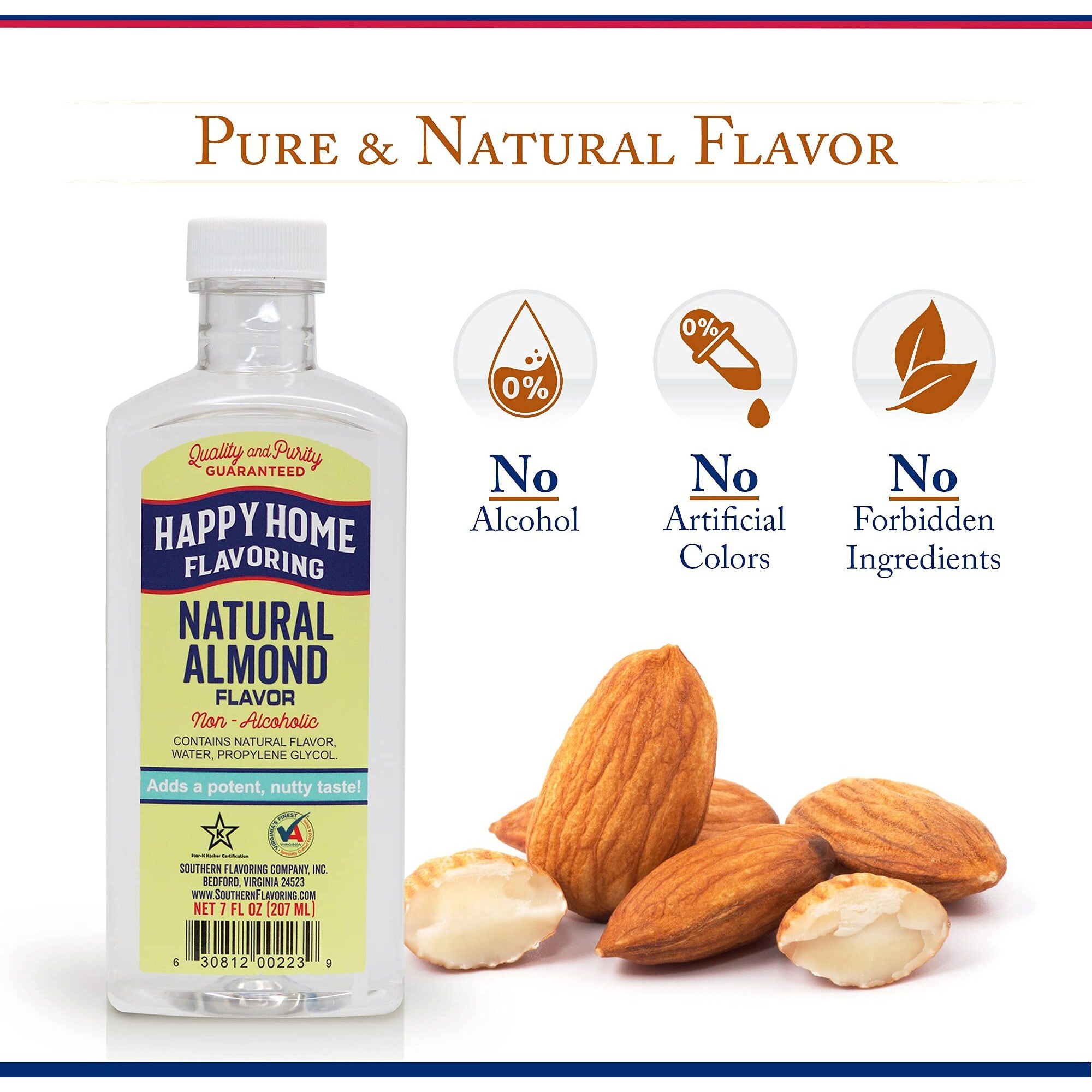 Happy Home Natural Almond Flavoring, Non-Alcoholic, Certified Kosher, 7 Oz.