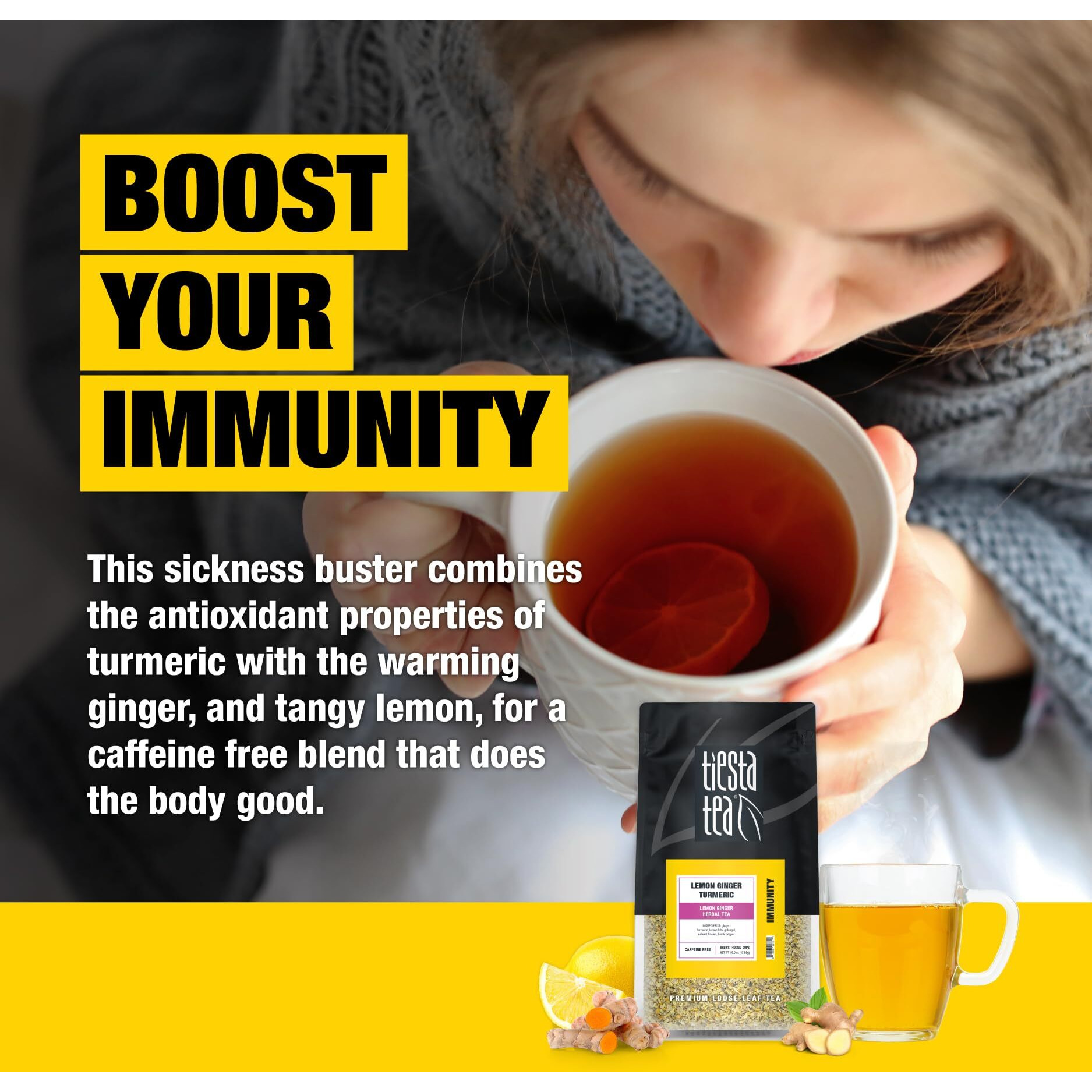 Tiesta Tea - Lemon Ginger Turmeric | Lemon Ginger Herbal Tea | Premium Loose Leaf Tea Blend | Non Caffeinated Herbal Tea | Make Hot Or Iced Tea & Brews Up To 200 Cups - 16 Ounce Resealable Bulk Pouch