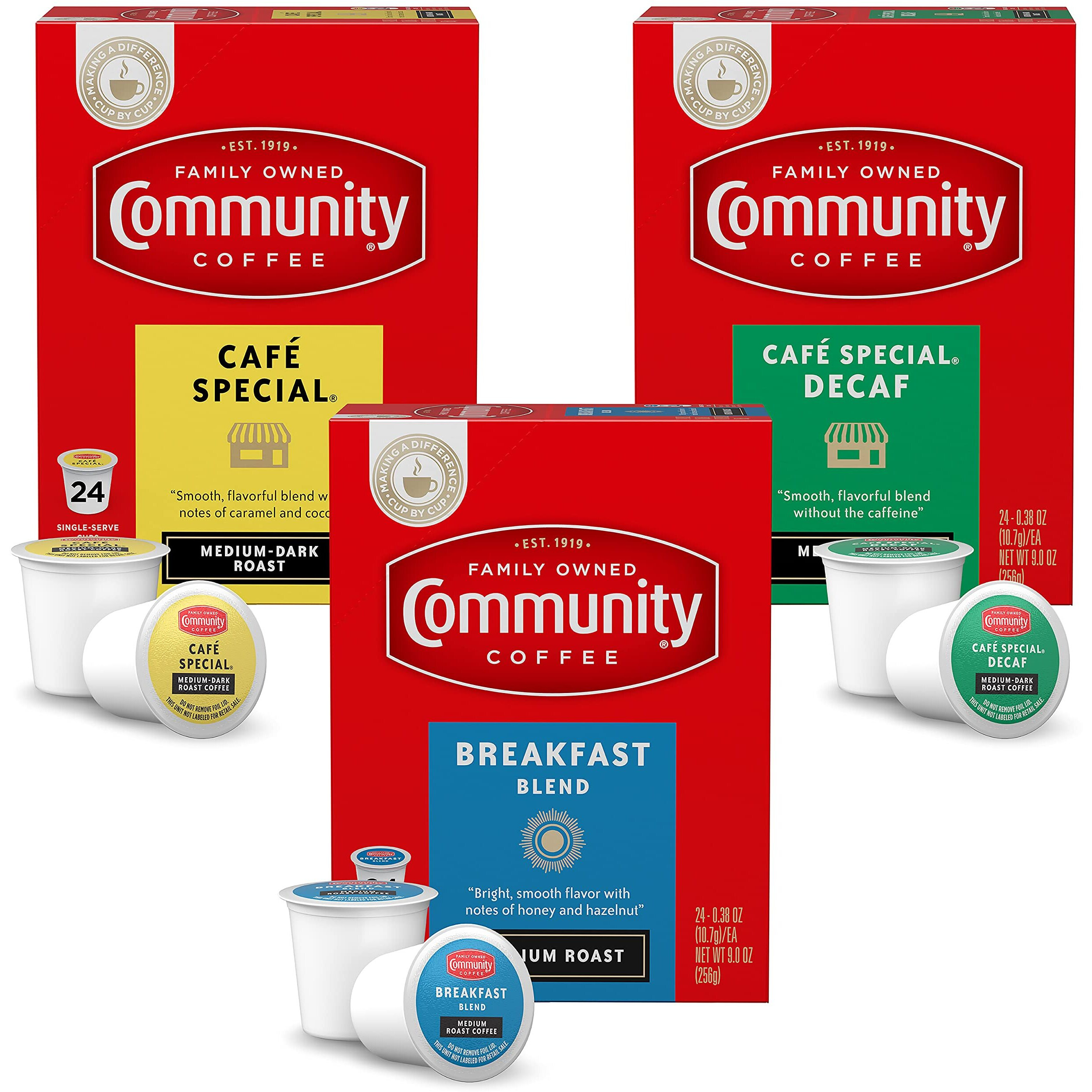 Community Coffee All Day Variety Pack With Decaf 72 Count Coffee Pods, Medium Dark Roast, Compatible With Keurig 2.0 K-Cup Brewers
