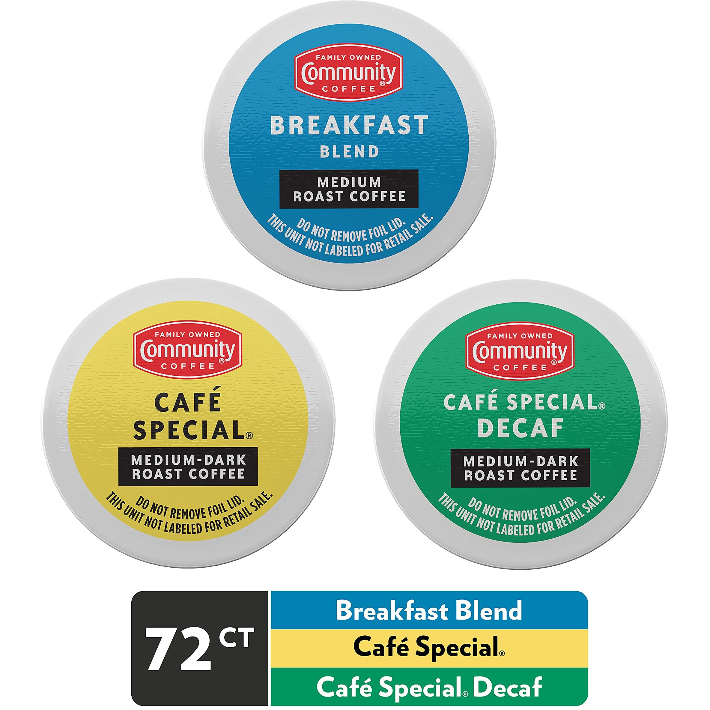 Community Coffee All Day Variety Pack With Decaf 72 Count Coffee Pods, Medium Dark Roast, Compatible With Keurig 2.0 K-Cup Brewers