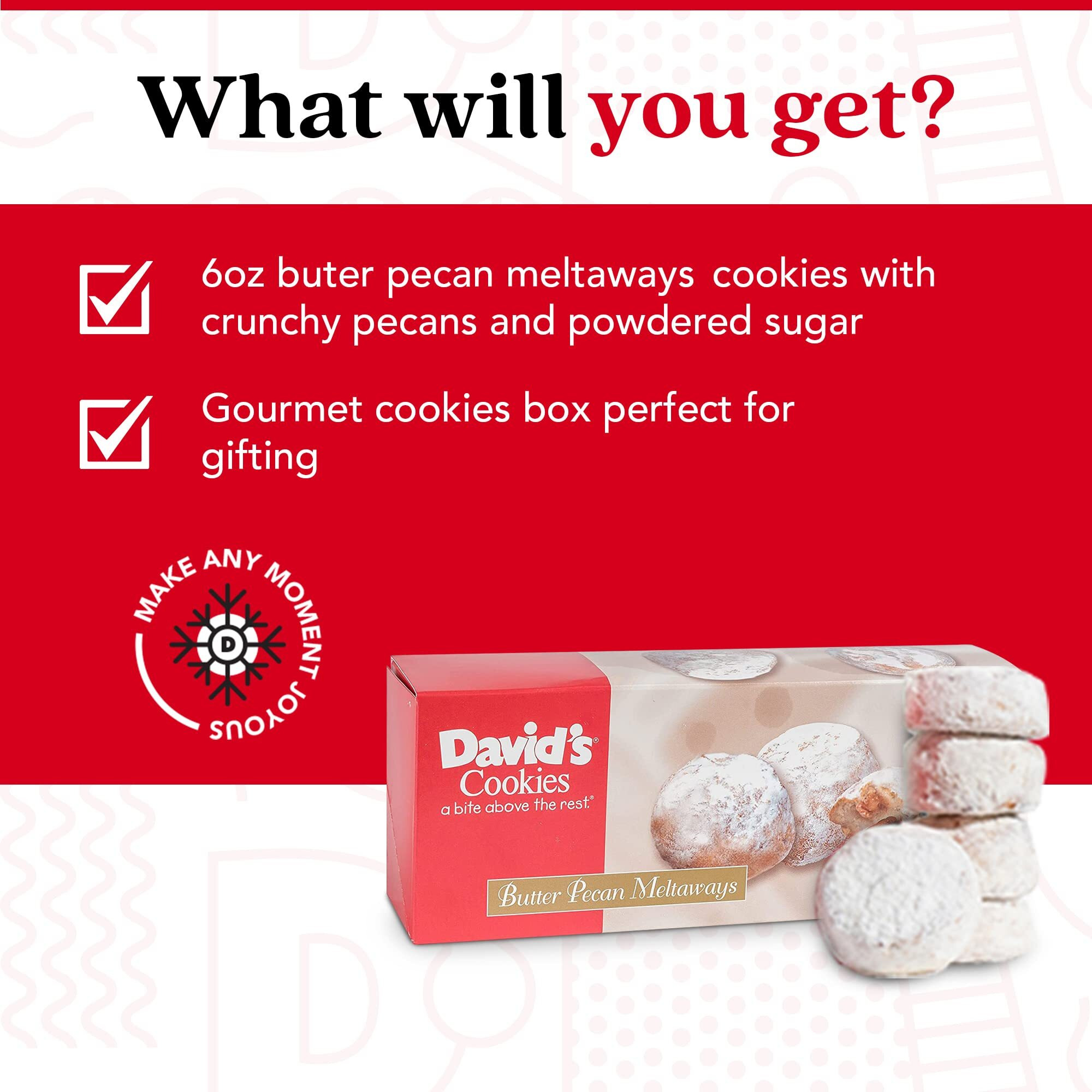 David's Cookies Gourmet Butter Pecan Meltaway Singles - Gourmet Cookie Snacks With Crunchy Pecans And Powdered Sugar - Pure Creamy Butter Recipe - Delicious Heavenly Flavors Food Gift (6 Oz)