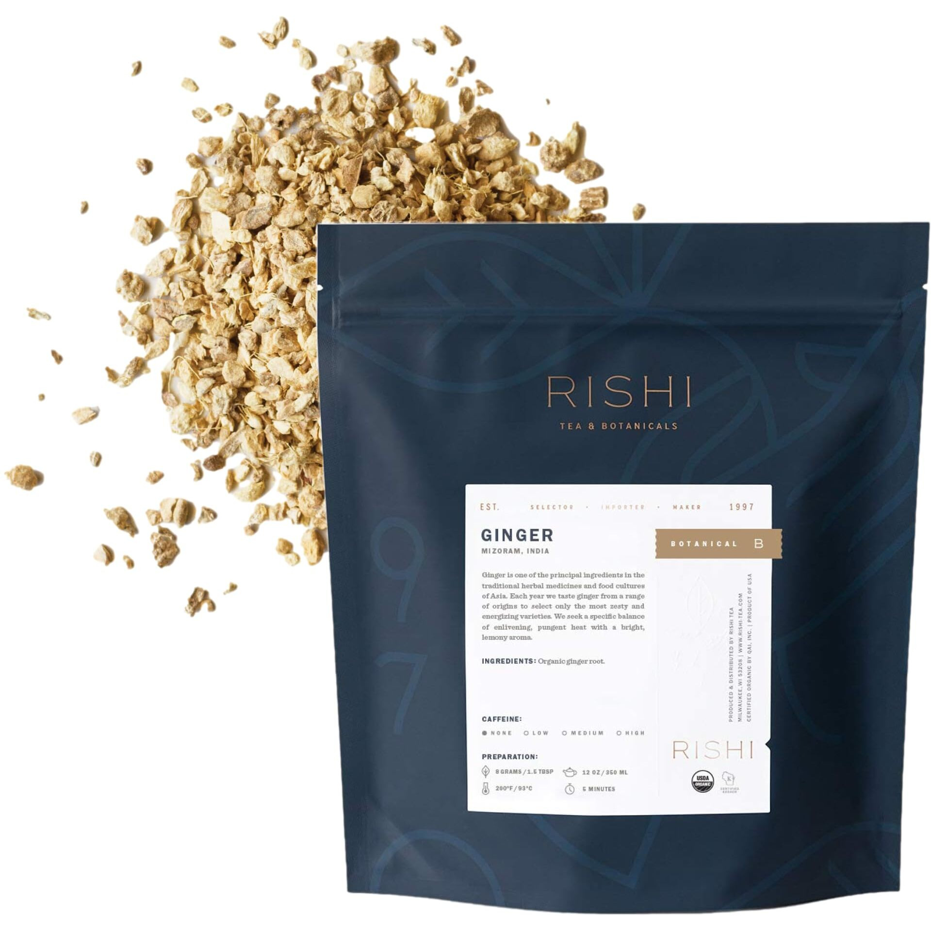 Rishi Tea Ginger Herbal Tea - Organic, Caffeine Free Loose Leaf Tea, Pure Botanical Digestive Tea - 16 Ounces, 56+ Servings