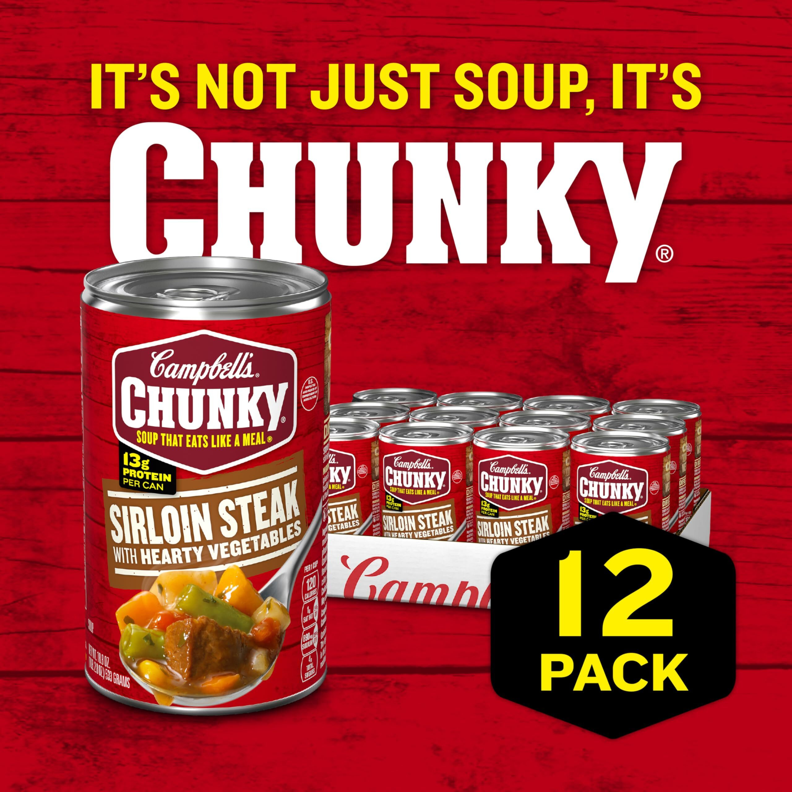 Campbells Chunky Soup, Sirloin Steak With Hearty Vegetables Soup, 18.8 Oz Can (Case Of 12)
