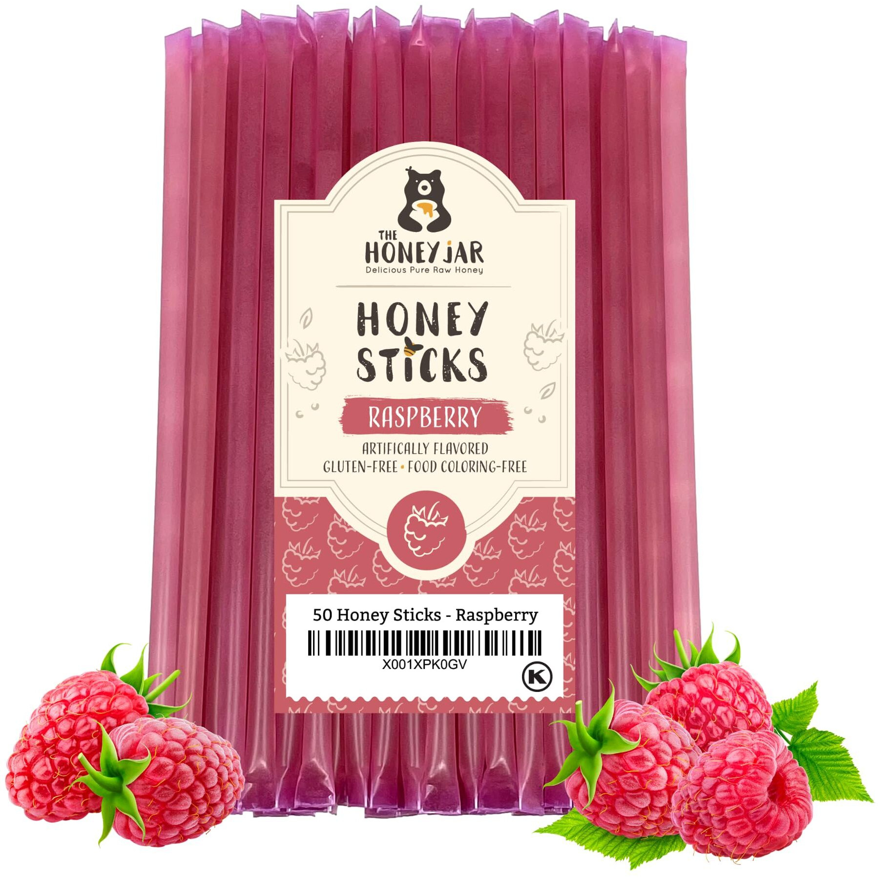 The Honey Jar Raspberry Flavored Honey Sticks - Pure Honey Straws For Tea, Coffee, Or A Healthy Treat - One Teaspoon Of Flavored Honey Per Stick - Made In The Usa With Real Honey - (50 Count)