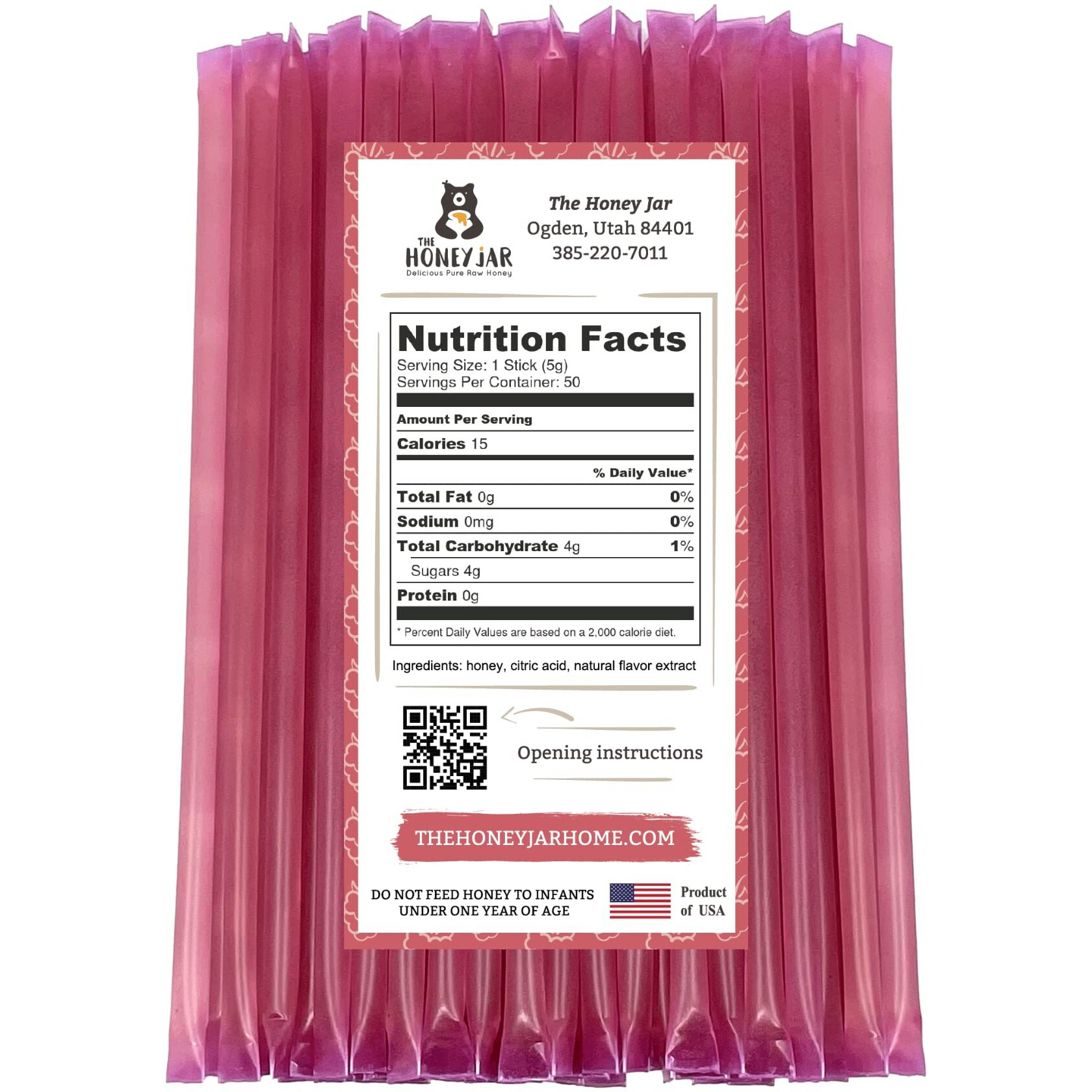 The Honey Jar Raspberry Flavored Honey Sticks - Pure Honey Straws For Tea, Coffee, Or A Healthy Treat - One Teaspoon Of Flavored Honey Per Stick - Made In The Usa With Real Honey - (50 Count)