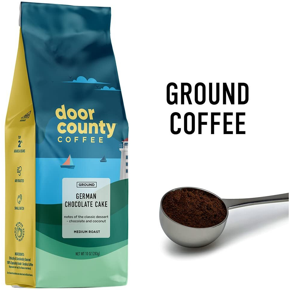 Door County Coffee German Chocolate Cake Flavored Coffee | 10Oz Bag | Ground Coffee Medium Roast | 100% Arabica Coffee | German Chocolate Cake
