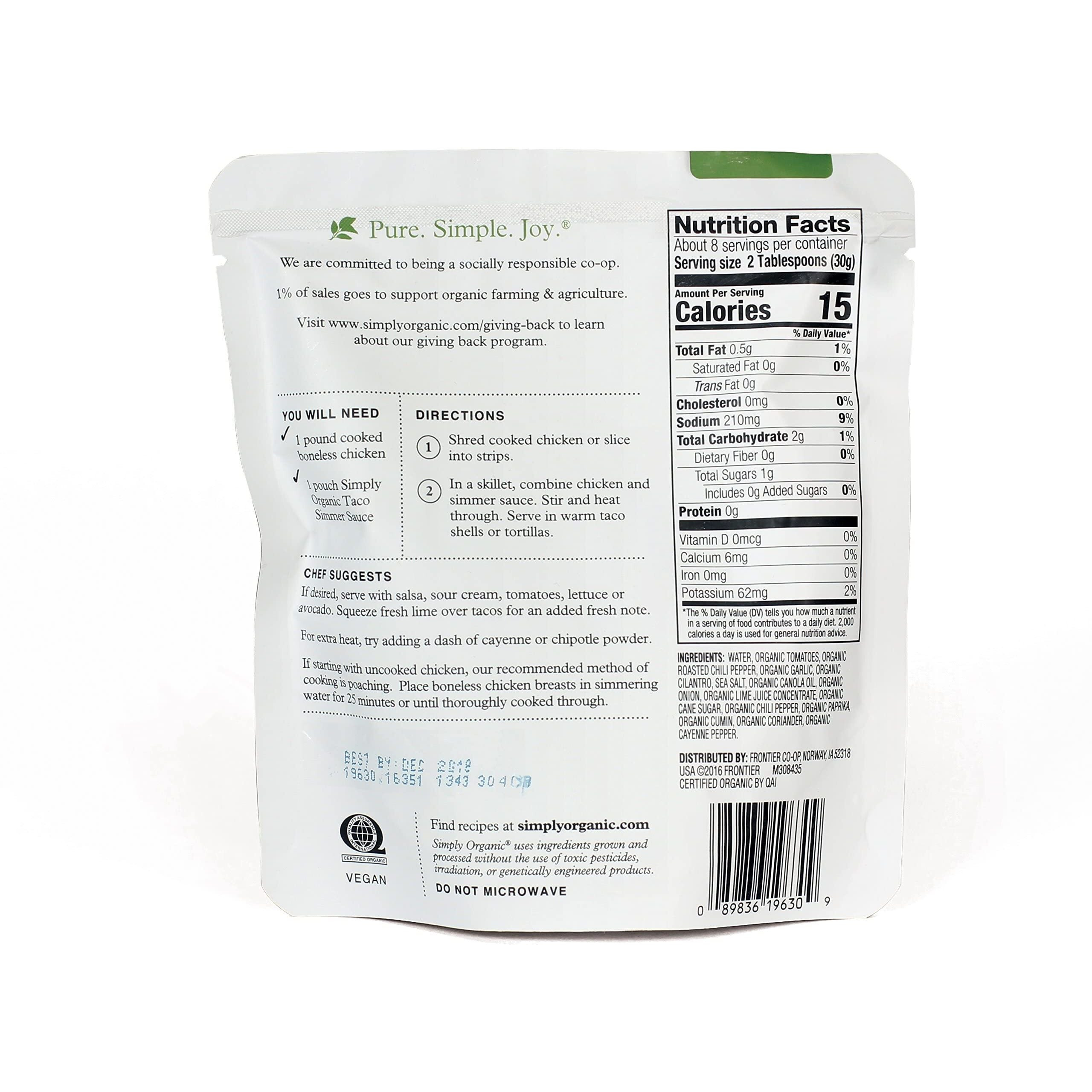 Simply Organic Mild Taco Simmer Sauce, Certified Organic | 8 Oz | Pack Of 6