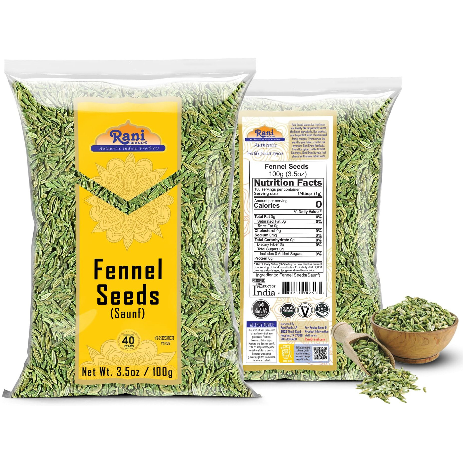 Rani Fennel Seeds (Saunf Sabut) Whole Spice 3.5Oz (100G) ~ All Natural | Gluten Friendly | Non-Gmo | Kosher | Vegan | Indian Origin