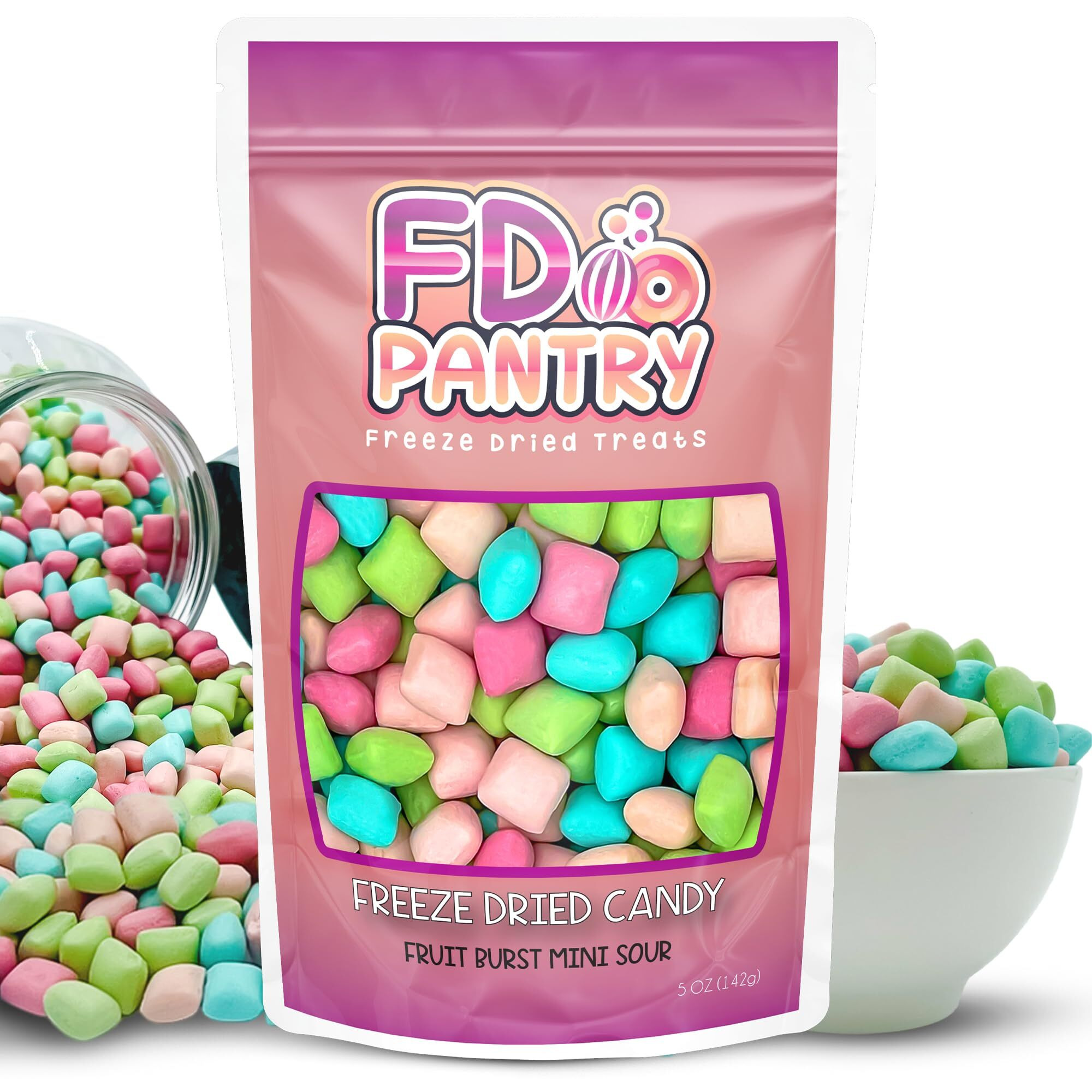Freeze Dried Fruit Bursts Candy - Mini Sour L Hard Candy Mix 5Oz Treat Snack Gift Bag Cherry, Strawberry, Blue Raspberry, Watermelon Freeze-Dried Candies