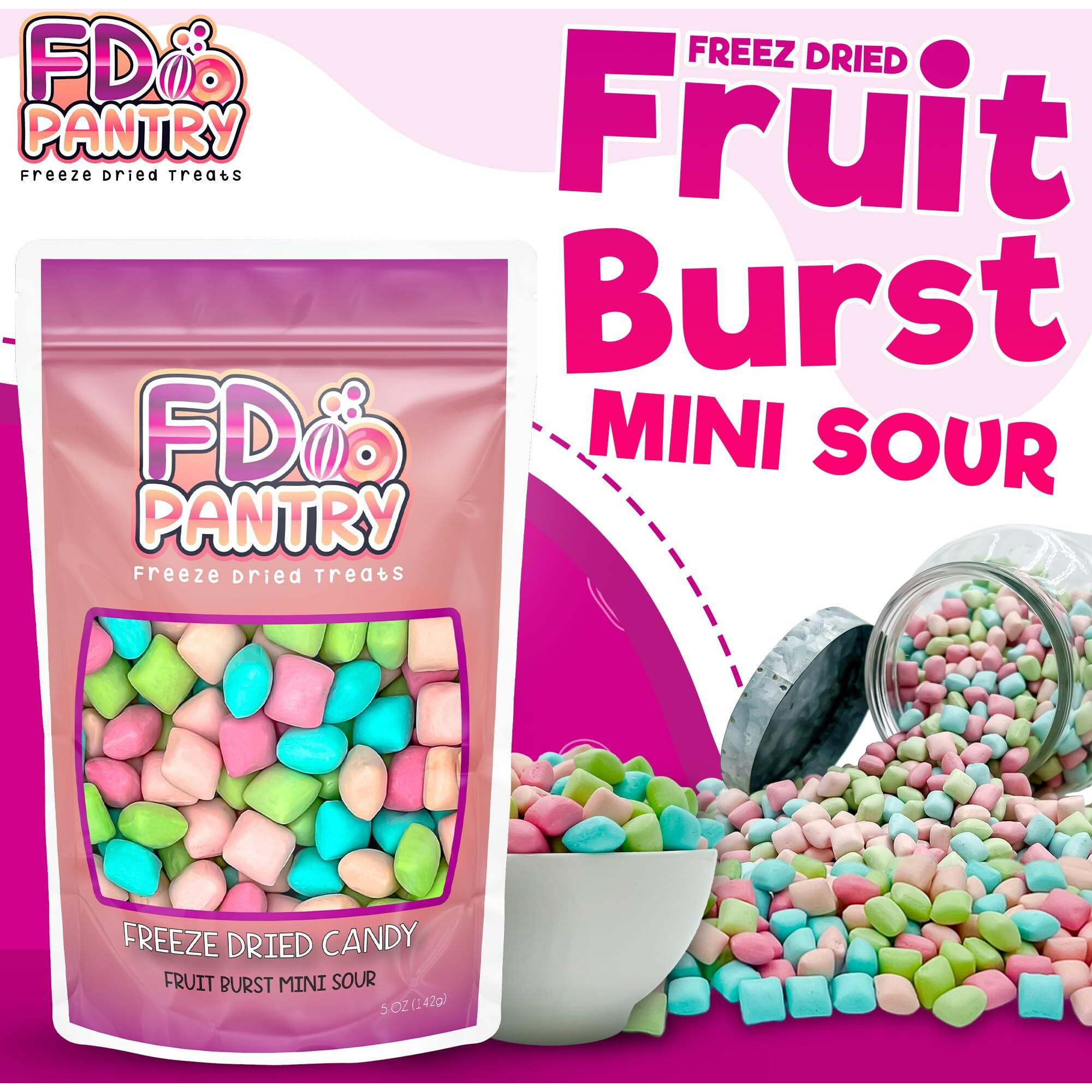 Freeze Dried Fruit Bursts Candy - Mini Sour L Hard Candy Mix 5Oz Treat Snack Gift Bag Cherry, Strawberry, Blue Raspberry, Watermelon Freeze-Dried Candies