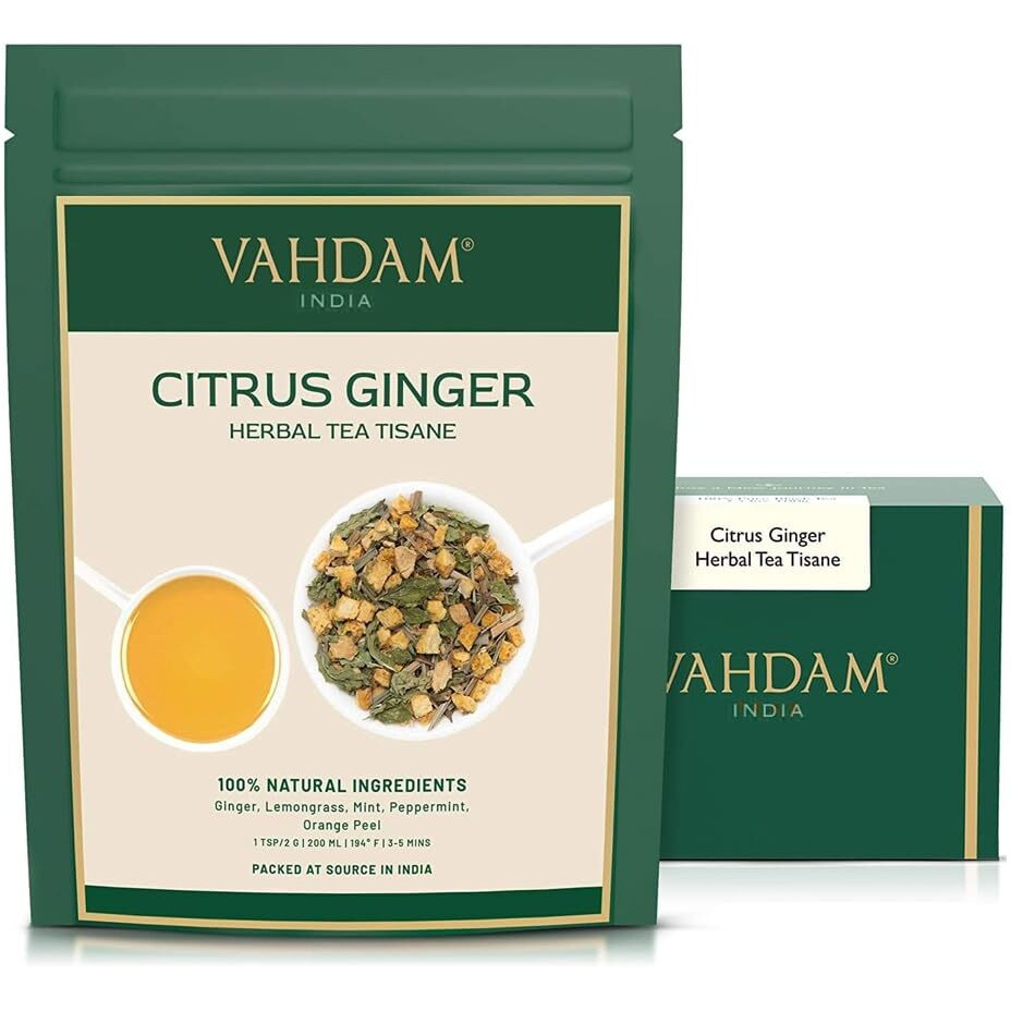 Vahdam, Citrus Ginger Herbal Tea Tisane (50 Cups, 3.53 Oz) Gluten Free, Non Gmo | Ginger, Lemongrass, Orange Peels, Mint | Herbal Tea Loose Leaf | Vacuum Sealed Pack