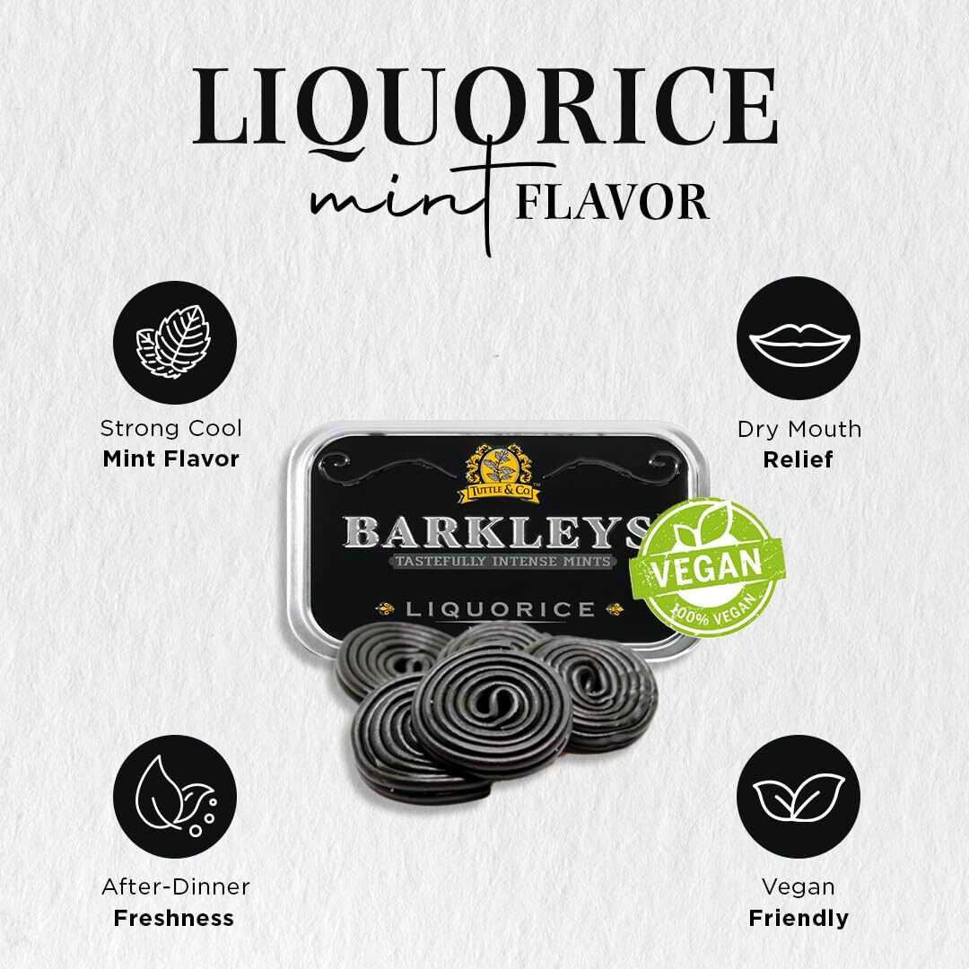 Barkleys Liquorice Breath Mints - Strong Licorice Flavored Cool Mint Candy For Party, After Dinner, Wedding, Every Day Use - Vegan Breath Mints In Reusable Classic Travel Tins - 50-Count, 6-Pack