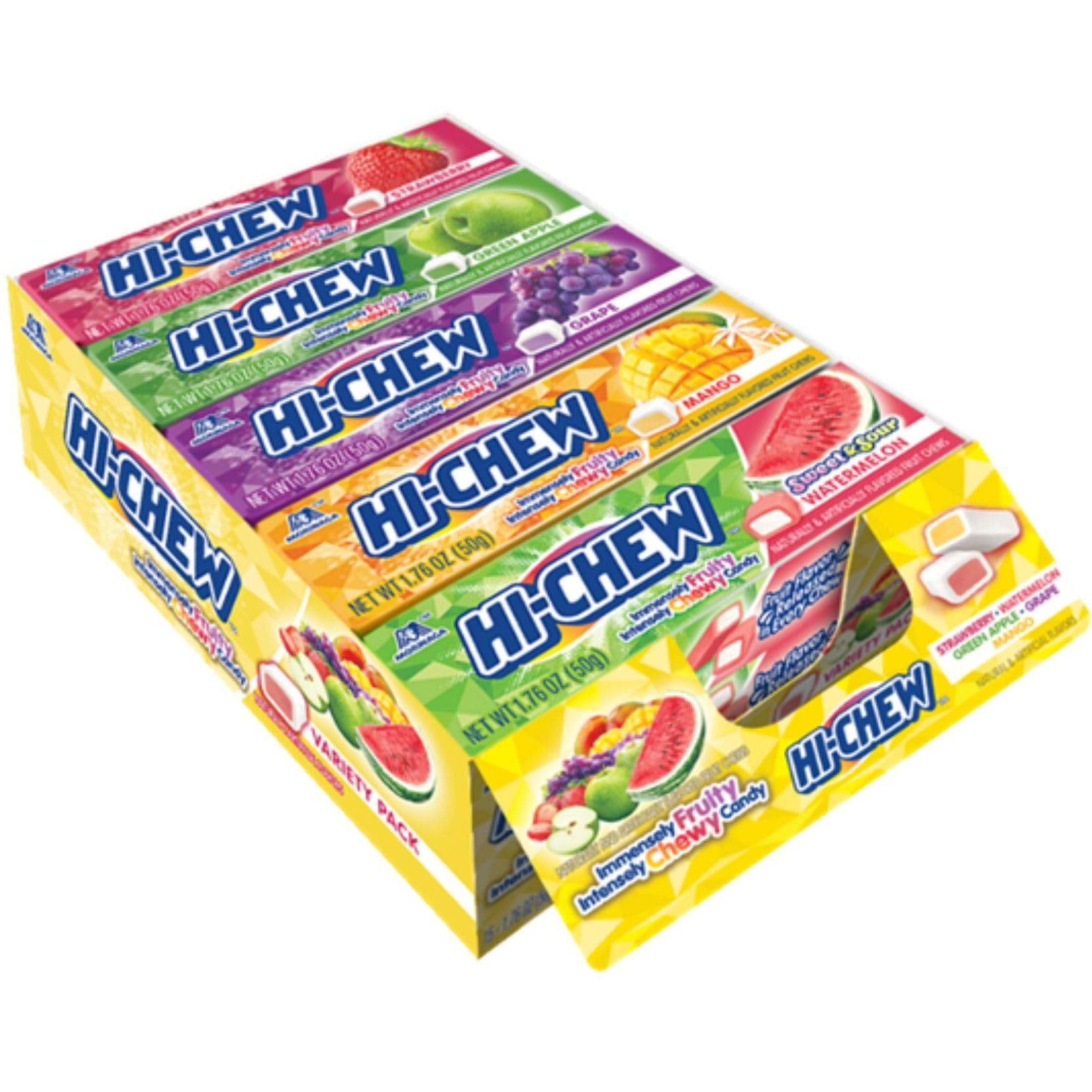 Hi-Chew Variety - Box Of 15 Sticks, 1.76Oz Ea | Unique Fun Soft & Chewy Taffy Candy | Immensely Juicy Exotic Fruit Flavors | Strawberry Green Apple Grape Mango Sweet & Sour Watermelon