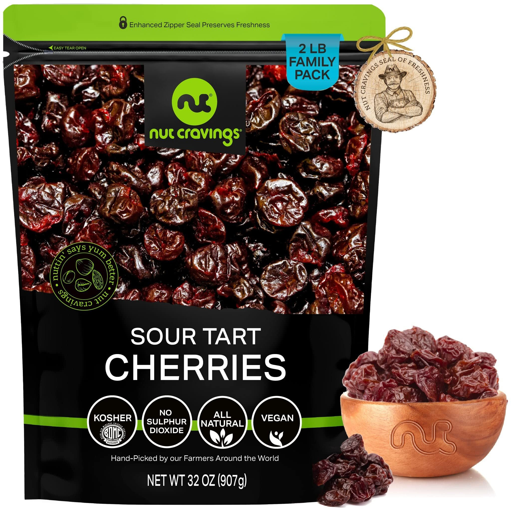 Nut Cravings Dry Fruits - Sun Dried Sour Tart Cherries, Lightly Sweetened (32Oz - 2 Lb) Packed Fresh In Resealable Bag - Sweet Snack, Healthy Food, All Natural, Vegan, Kosher Certified