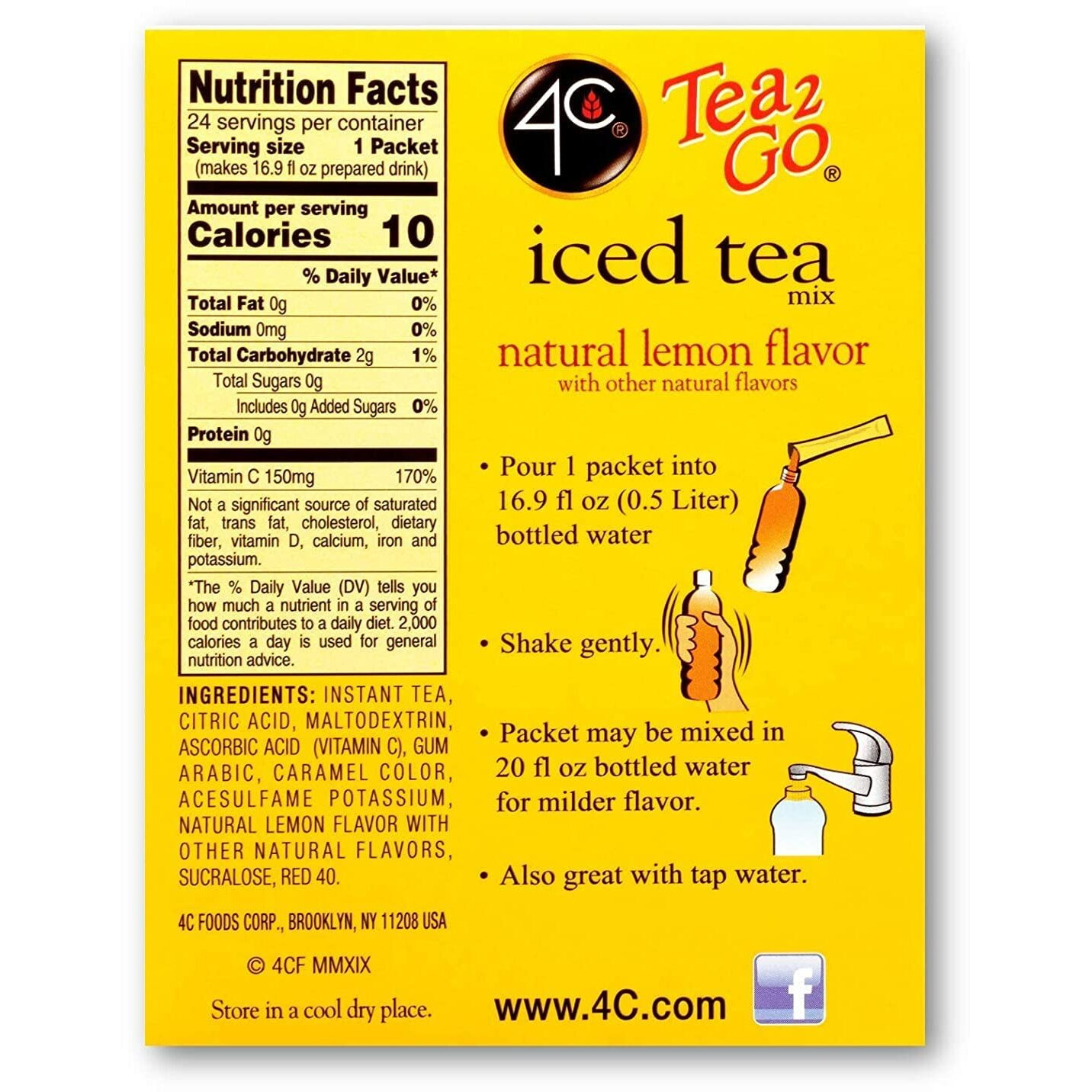 4C Powder Drink Mix Packets, Lemon Tea 1 Pack, 24 Count, Singles Stix On The Go, Refreshing Sugar Free Water Flavorings