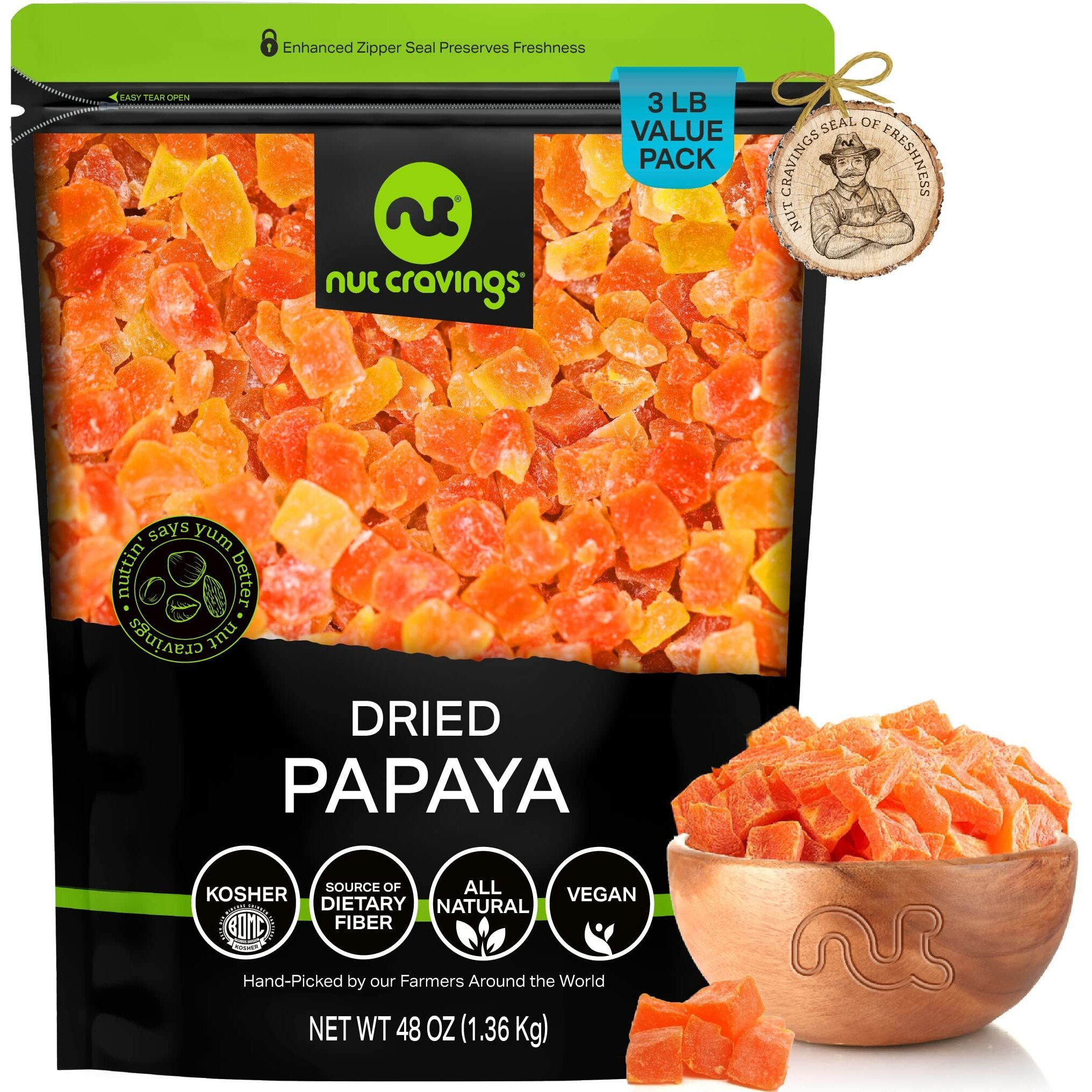 Nut Cravings Dry Fruits - Sun Dried Papaya Chunks, With Sugar Added (48Oz - 3 Lb) Packed Fresh In Resealable Bag - Sweet Snack, Healthy Food, All Natural, Vegan, Kosher Certified