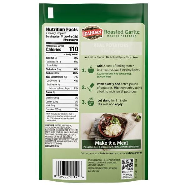 Idahoan Mashed Potatoes, Roasted Garlic, 4-Ounce Package (Pack Of 12)