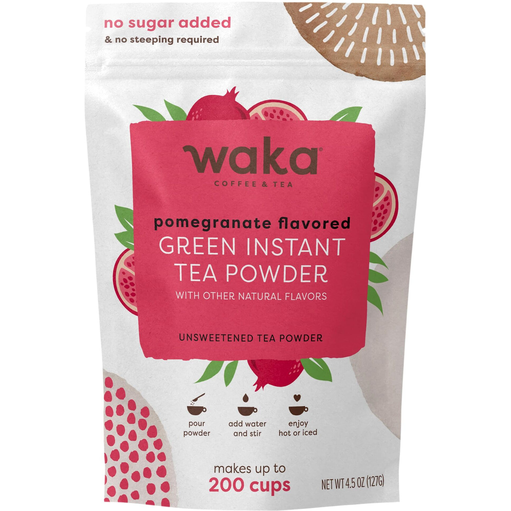 Waka Instant Green Tea Mix, Pomegranate Flavored - 100% Tea Leaves, No Additives, Unsweetened Tea Powder In Bulk Pouch - Easy Quick Hot And Iced Teas, Up To 200 Cups (4.5Oz)