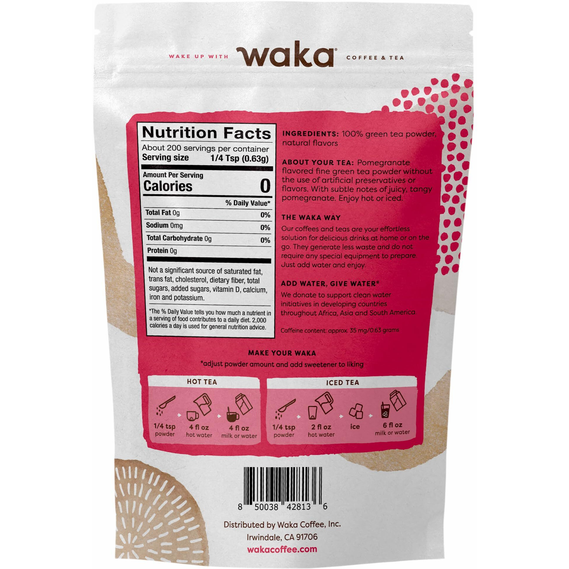 Waka Instant Green Tea Mix, Pomegranate Flavored - 100% Tea Leaves, No Additives, Unsweetened Tea Powder In Bulk Pouch - Easy Quick Hot And Iced Teas, Up To 200 Cups (4.5Oz)