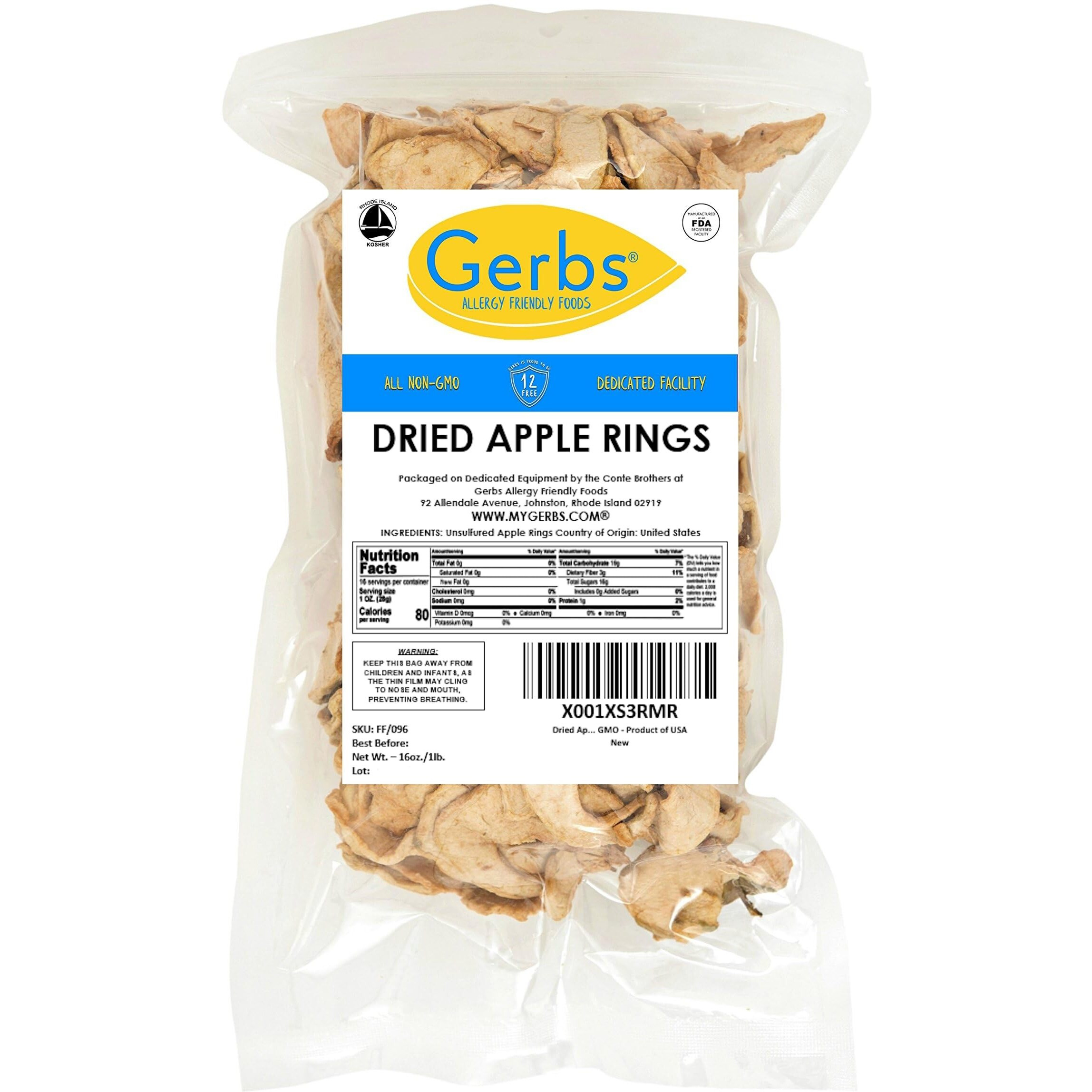 Gerbs Dried Apple Slices 1 Lb. | Soft & Dehydrated | Recloseable Bag | Top 14 Food Allergy Free | Sulfur Dioxide Free | Rich In Fiber | Gluten & Peanut Free