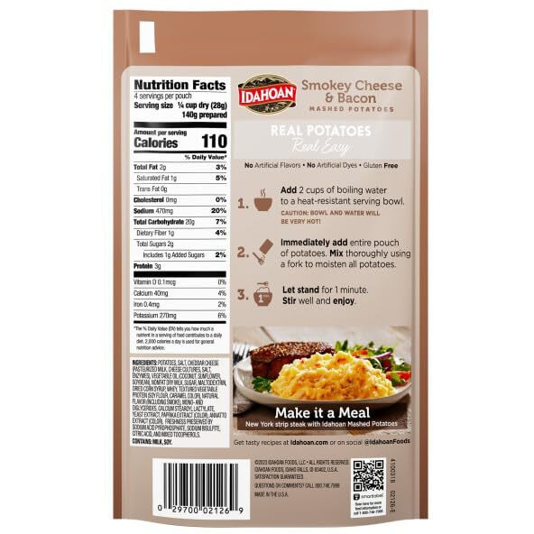 Idahoan Smokey Cheese & Bacon Mashed Potatoes, 4 Oz (Pack Of 12)