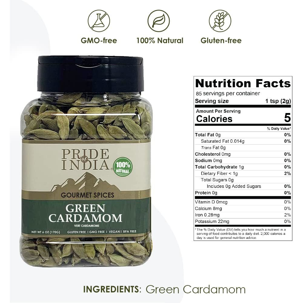 Pride Of India - Green Cardamom Whole - Gourmet & Aromatic Spice - Flavoring Agent For Bakes/Teas/Drinks & More - Full Bodied Green Pods - 6 Oz. Medium Dual Sifter Jar