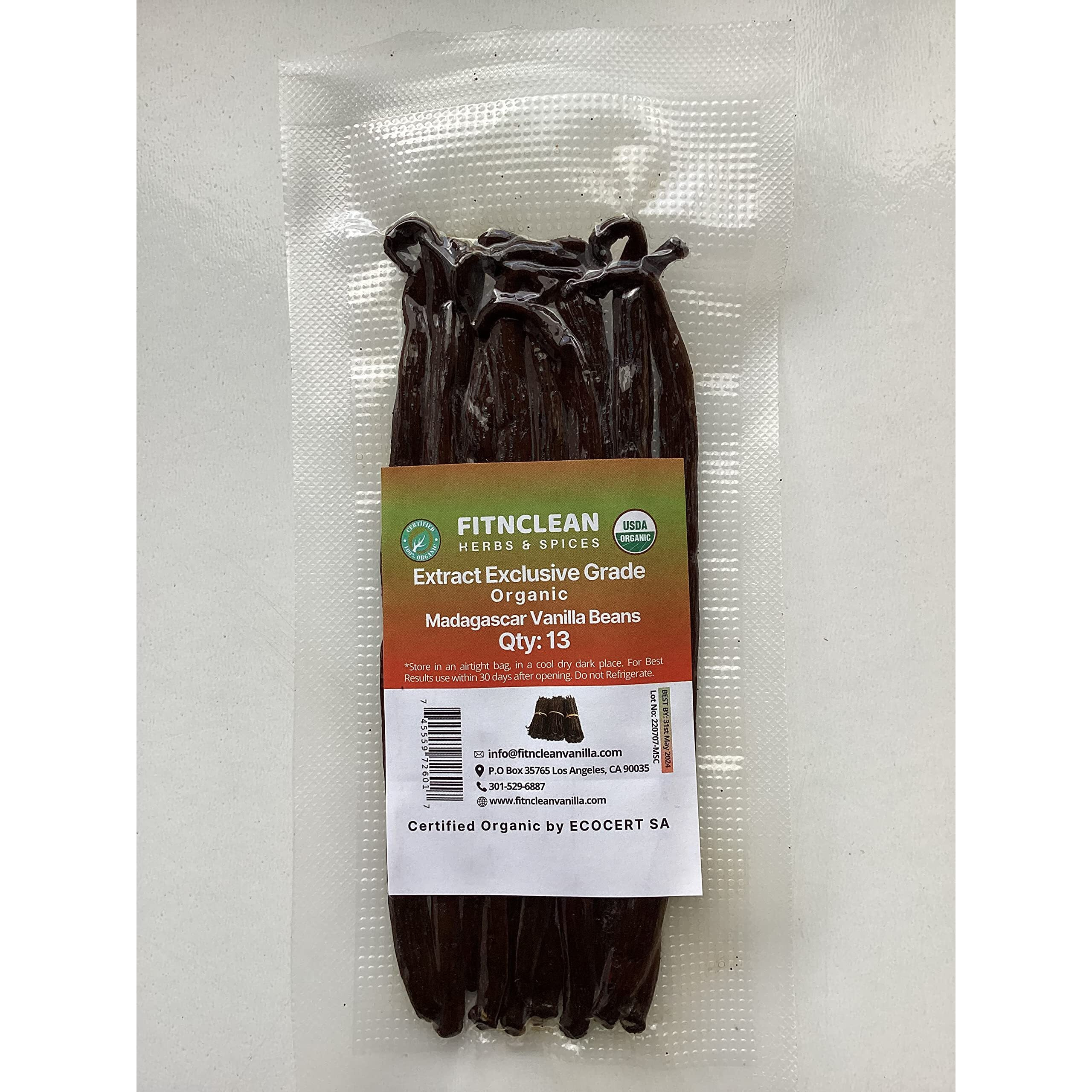 13 Organic Madagascar Vanilla Beans Extract Exclusive Grade B. 4.5""- 5.5"" By Fitnclean Vanilla. Dry Bulk Bourbon Whole Non-Gmo Pods