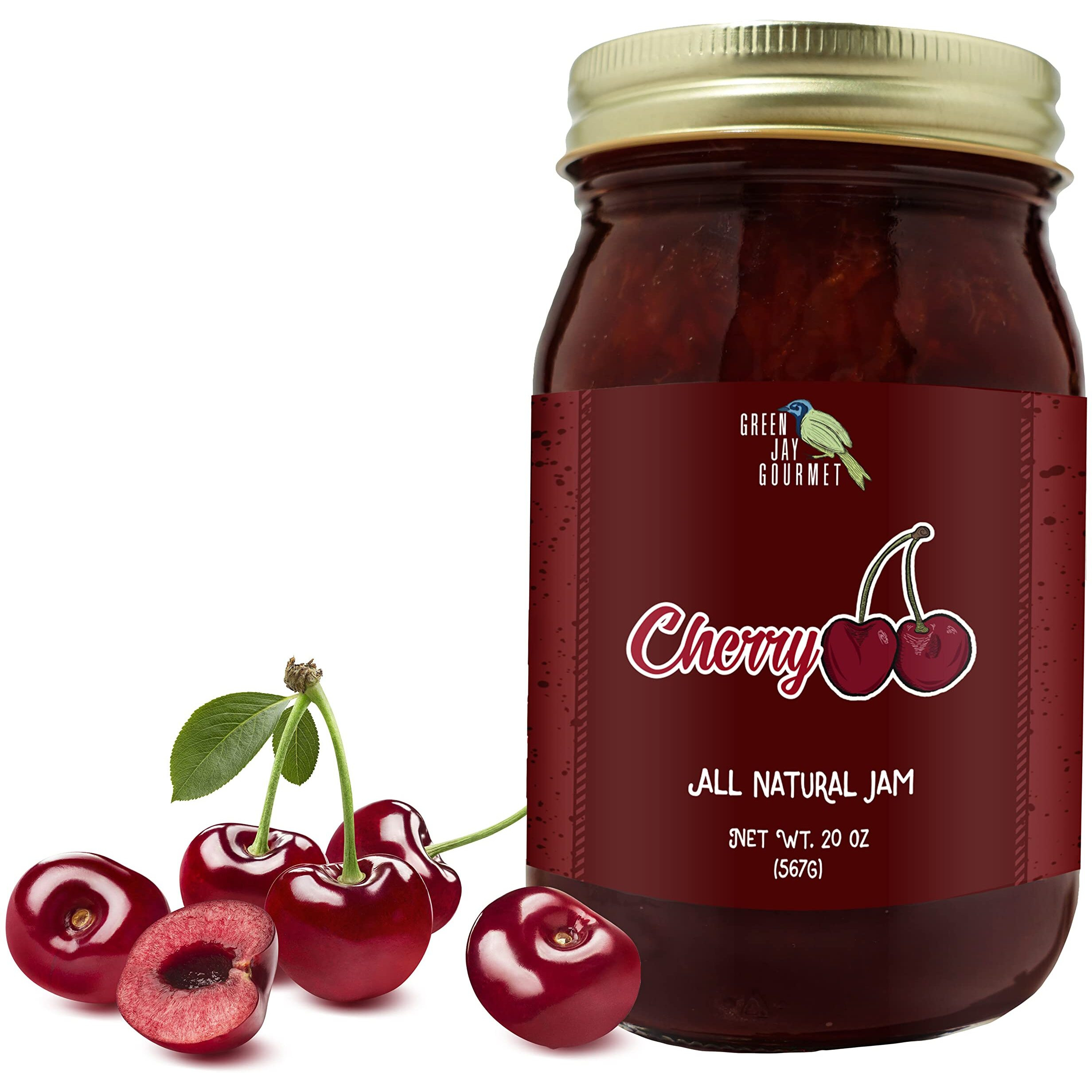 Green Jay Gourmet Cherry Jam - All-Natural Fruit Jam With Cherries & Lemon Juice - Vegan, Gluten-Free Jam - Contains No Preservatives Or Corn Syrup - Made In Usa - 20 Ounces