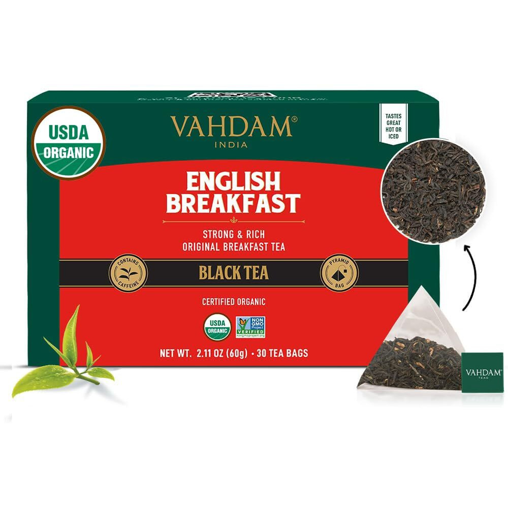 Vahdam, Organic English Breakfast Black Tea Bags (30 Count) High Caffeine | Strong, Robust & Flavoury | Individually Wrapped Pyramid Tea Bags | Full Bodied Black Tea Leaves
