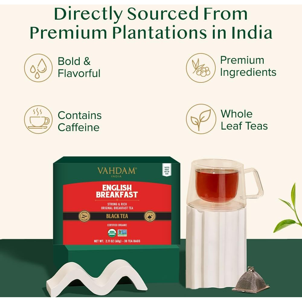Vahdam, Organic English Breakfast Black Tea Bags (30 Count) High Caffeine | Strong, Robust & Flavoury | Individually Wrapped Pyramid Tea Bags | Full Bodied Black Tea Leaves