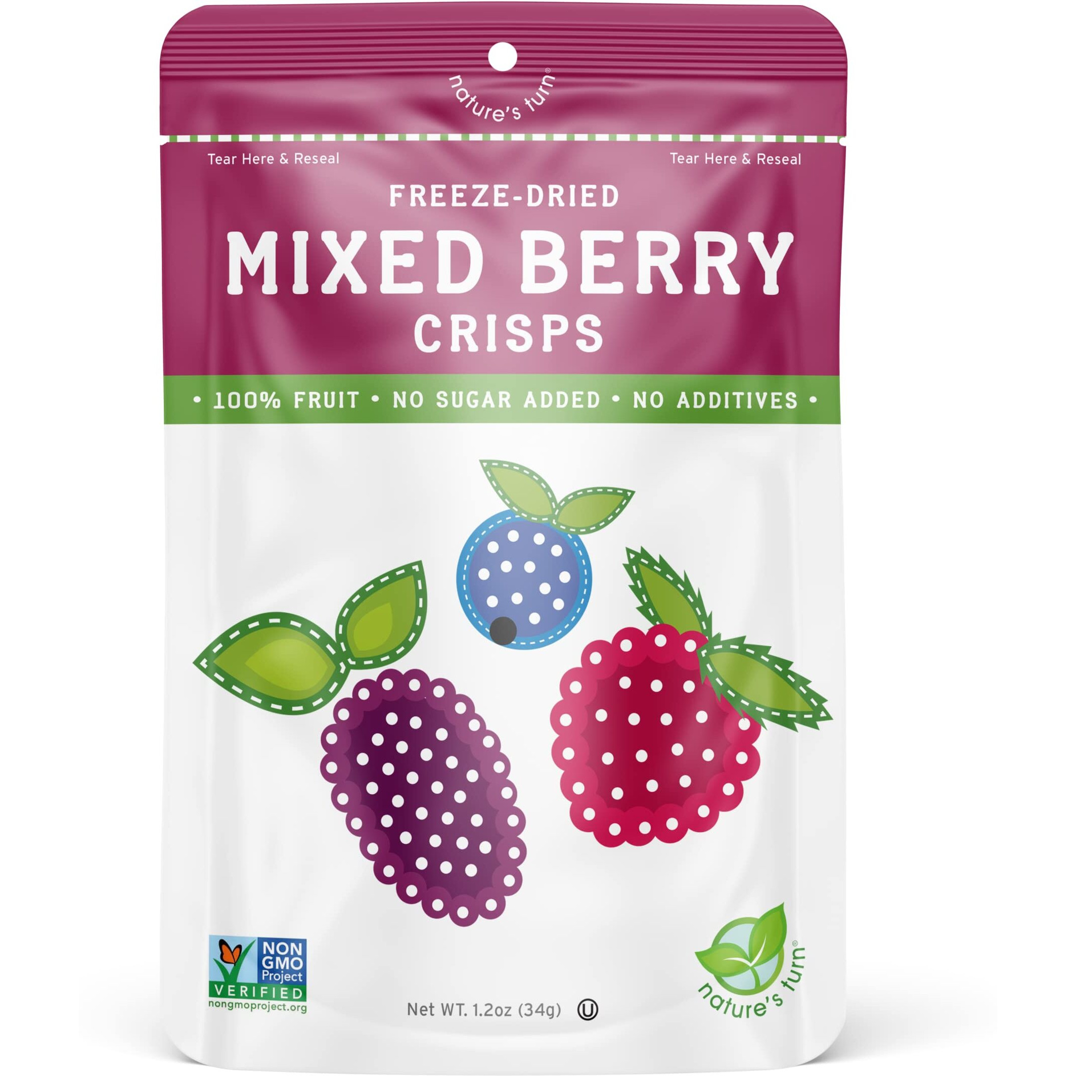 Nature's Turn Freeze-Dried Fruit Snacks, Mixed Berry Crisps, Pack Of 6 (1.2 Oz Each)