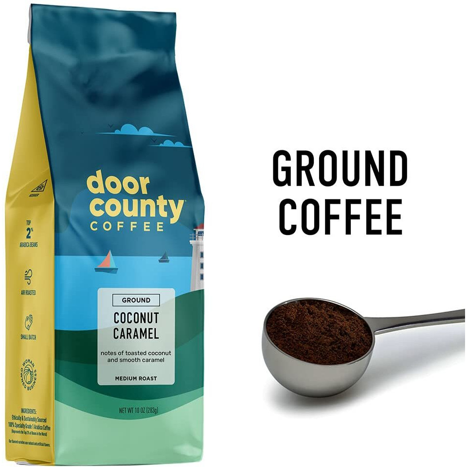 Door County Coffee Coconut Caramel Flavored Coffee Ground | 10 Oz Bag | Flavored Ground Coffee Medium Roast | 100% Specialty Arabica Coffee Ground | Flavored Gourmet Coffee | Coconut Caramel Coffee