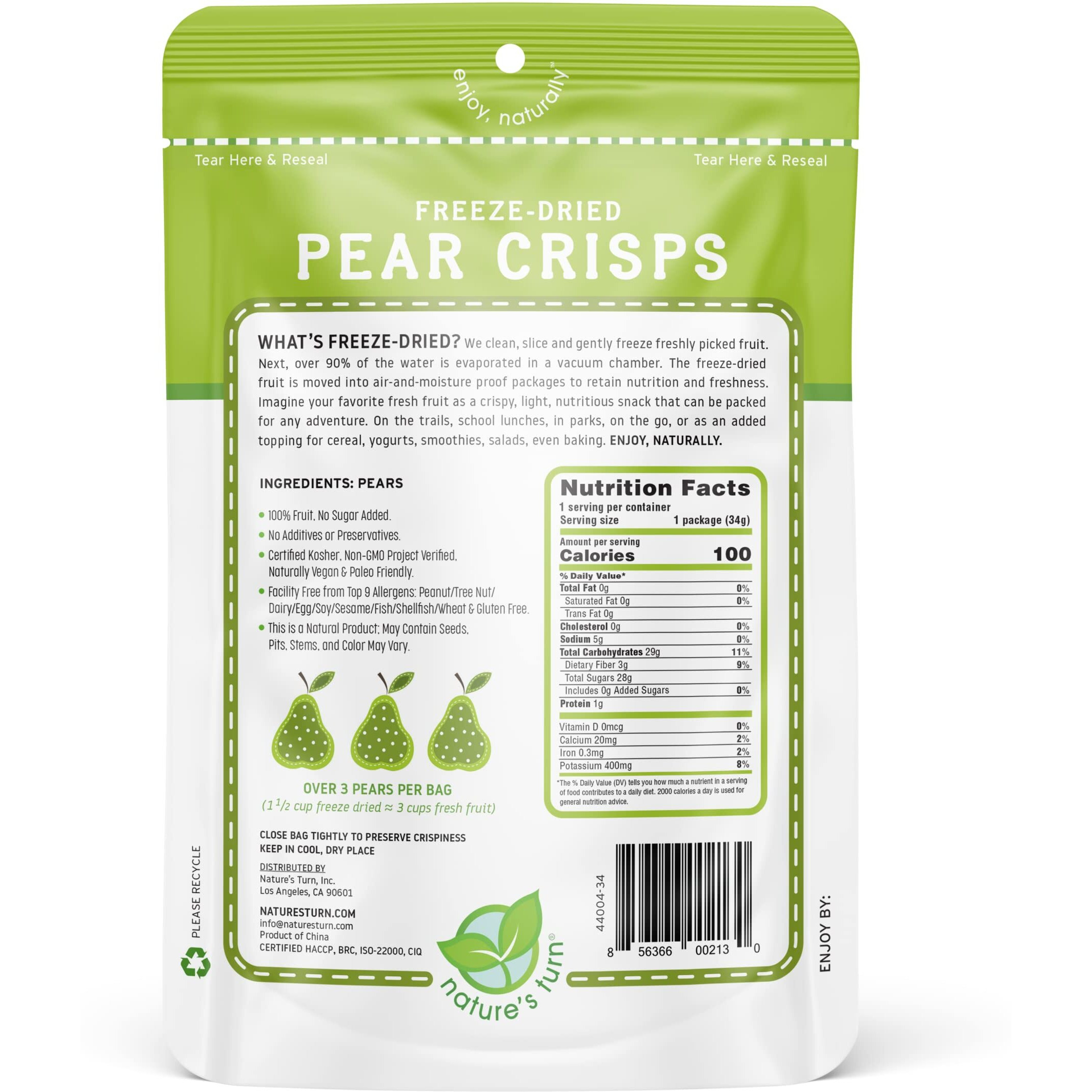 Nature's Turn Freeze-Dried Fruit Snacks, Pear Crisps, Pack Of 6 (1.2 Oz Each)