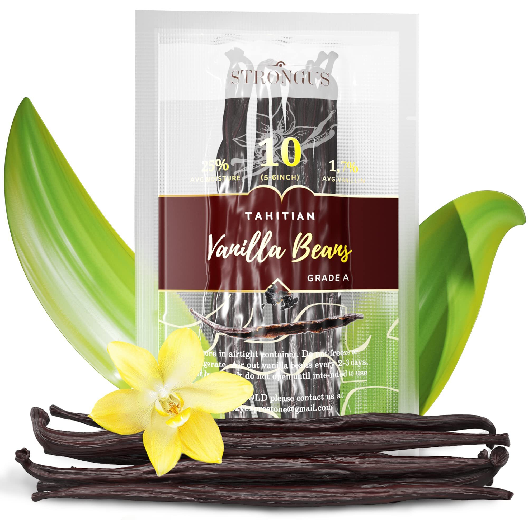Strongus Large Tahitian Vanilla Beans - Vacuum Sealed Grade A Vanilla Bean - Rich, Creamy Flavor & Aroma - Ingredients For Baking, Homemade Extract, Paste, Brewing, Coffee, Cooking - 5-6"", 10-Pack