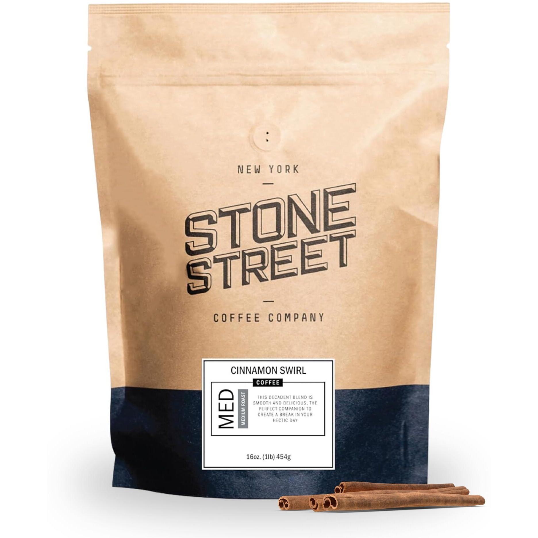 Stone Street Flavored Ground Coffee, Cinnamon Swirl, Freshly Roasted, 100% Colombian Arabica, Gourmet Coffee, Medium Roast, Sweet Cinnamon Roll Flavor, 1 Lb