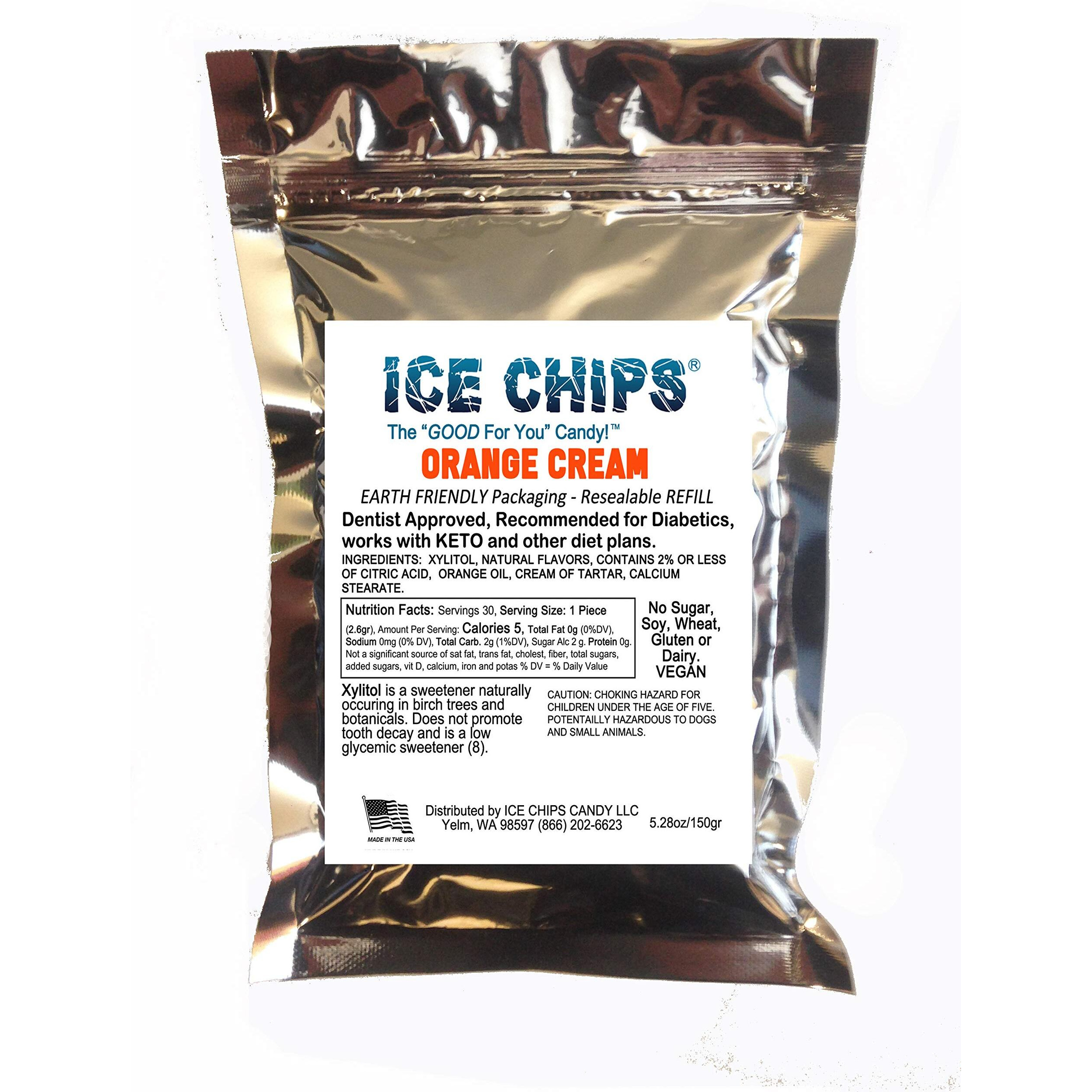 Ice Chips Xylitol Candy In Large 5.28 Oz Resealable Pouch Low Carb & Gluten Free (Orange Cream)