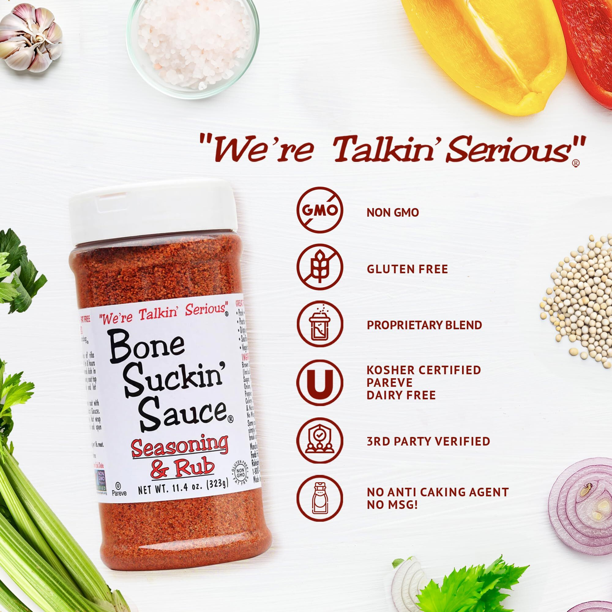 Bone Suckin' Seasoning & Rub, Original Blend, Gluten-Free, Non-Gmo, Kosher, Great On Ribs, Pork, Beef, Chicken, Seafood, Pasta, Vegetables & Even Popcorn No Msg