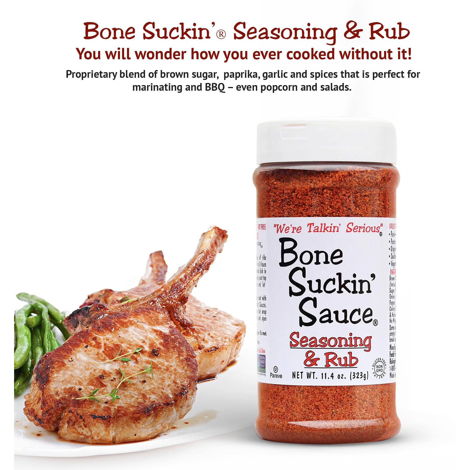 Bone Suckin' Seasoning & Rub, Original Blend, Gluten-Free, Non-Gmo, Kosher, Great On Ribs, Pork, Beef, Chicken, Seafood, Pasta, Vegetables & Even Popcorn No Msg