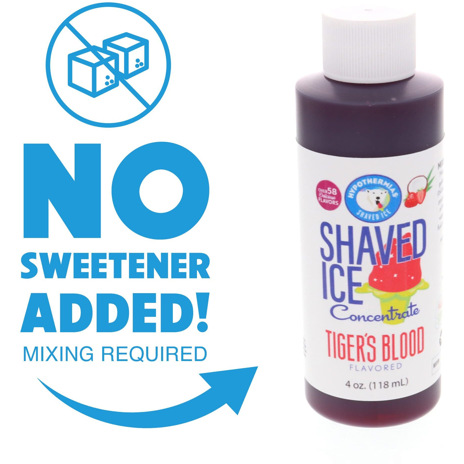 Hypothermias Shaved Ice And Snow Cone Syrup Unsweetened Flavor Concentrate - 4 Fl Oz - Makes 1 Gallon Of Ready To Use Syrup - Tiger's Blood - Must Add Filtered Water And Sweetener