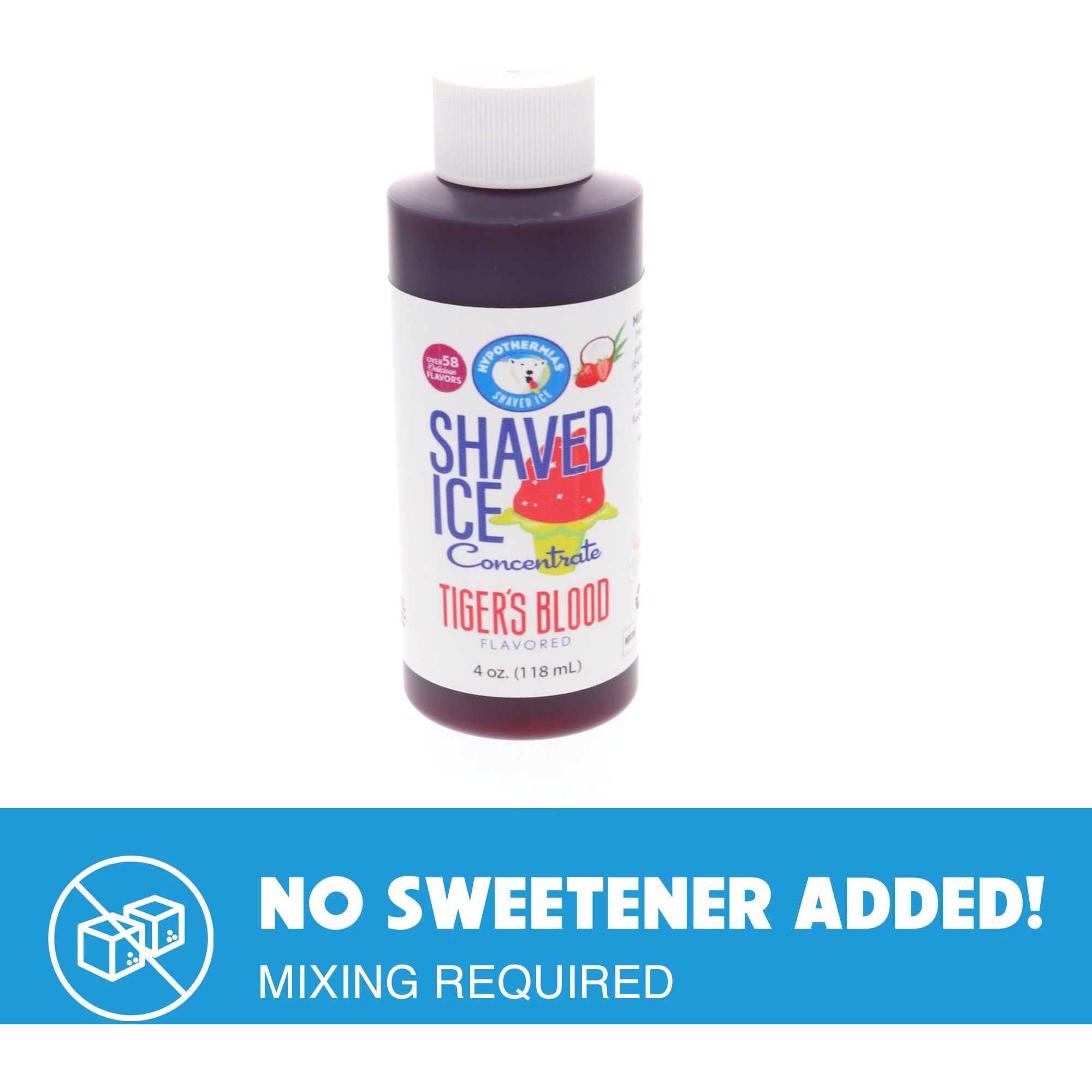 Hypothermias Shaved Ice And Snow Cone Syrup Unsweetened Flavor Concentrate - 4 Fl Oz - Makes 1 Gallon Of Ready To Use Syrup - Tiger's Blood - Must Add Filtered Water And Sweetener